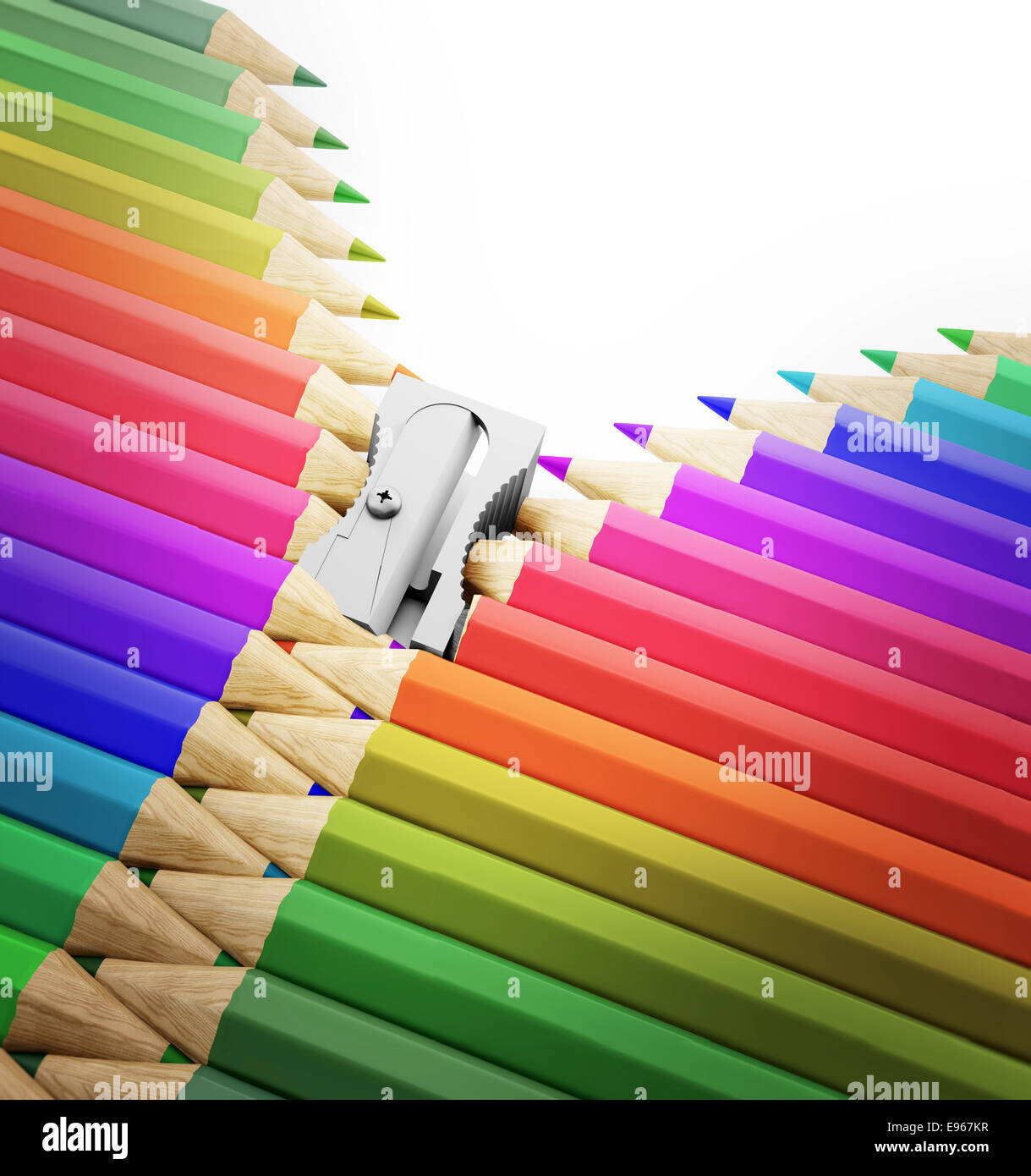 Una fila di matite e temperino formando una chiusura lampo - arti, di creatività e di illustrazione scolastica Foto Stock