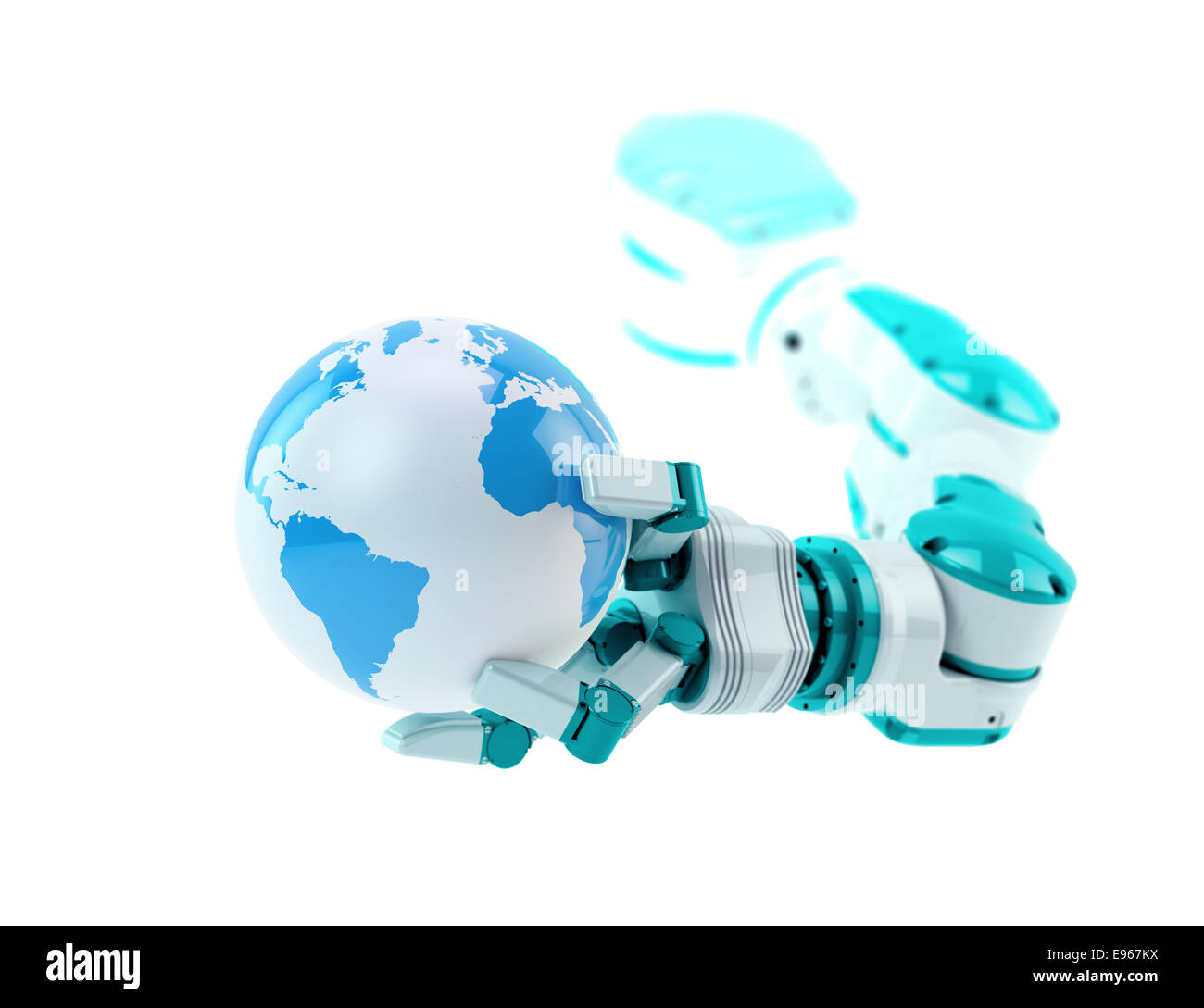Un robot industriale tenendo un piccolo globo Foto Stock