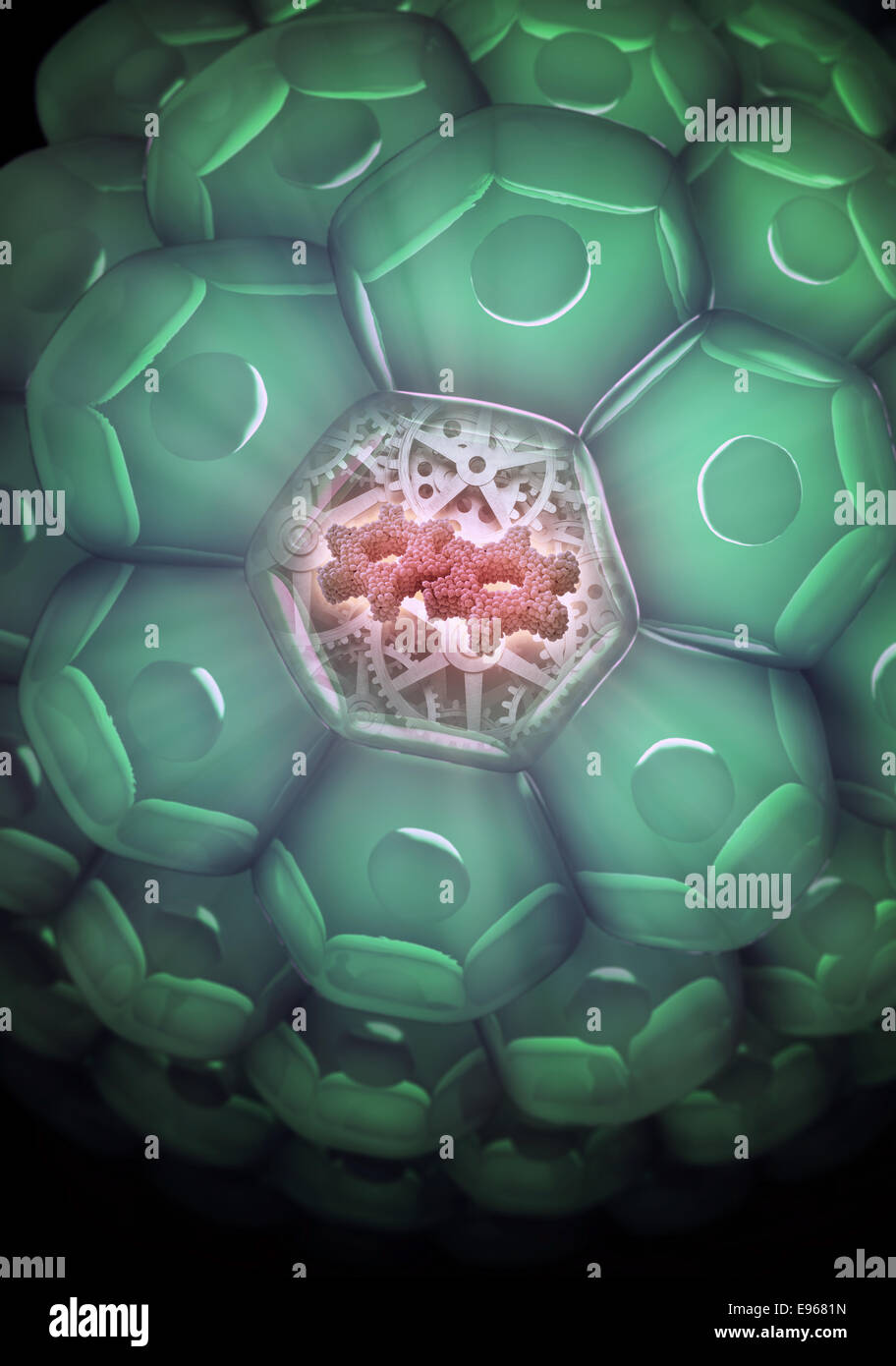 Vista ravvicinata di una cellula con un nano meccanismo di tecnologia Foto Stock