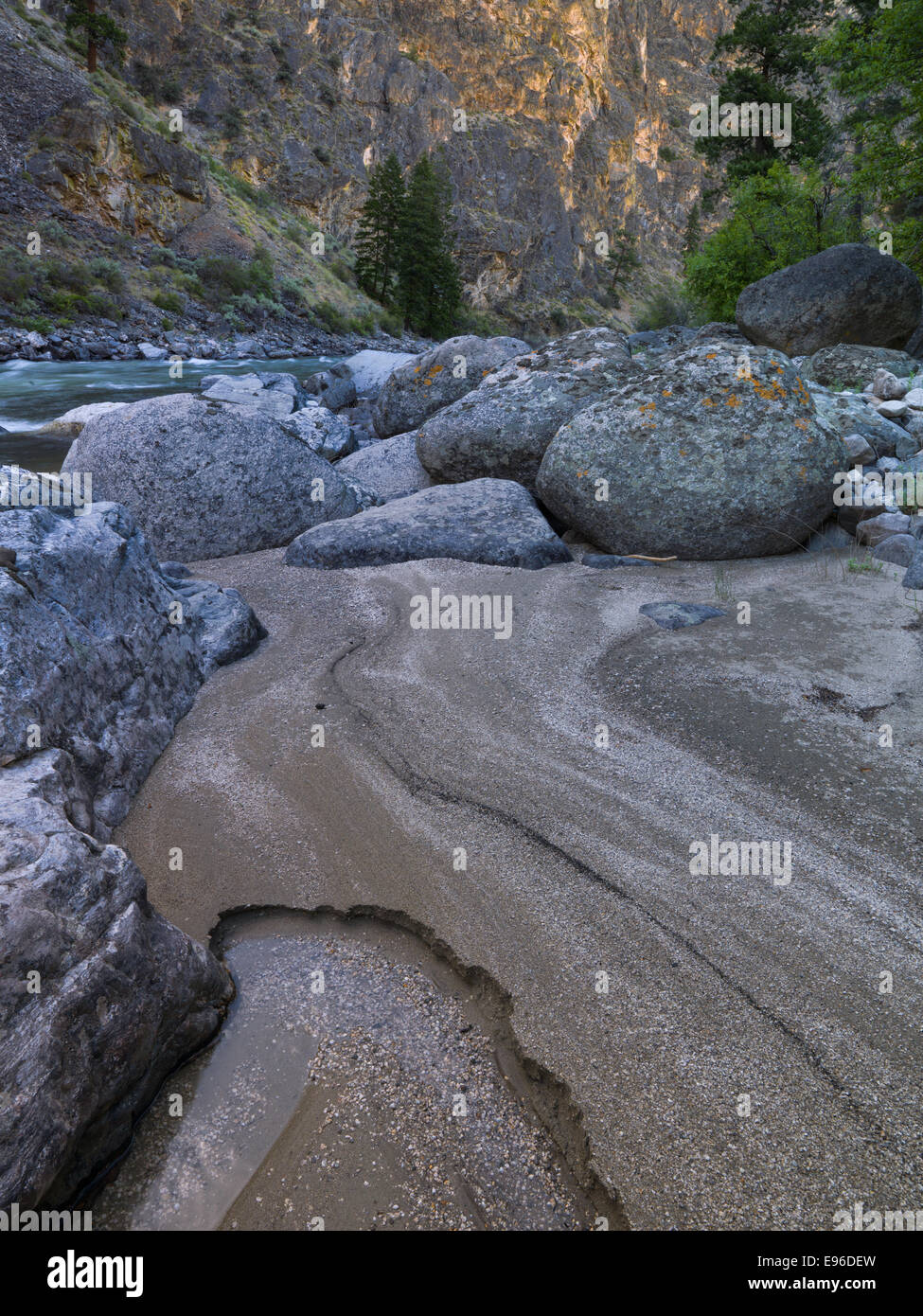 Tumble Creek spinge grandi massi in MF del fiume di salmoni formando Scogliera Rapids. Foto Stock