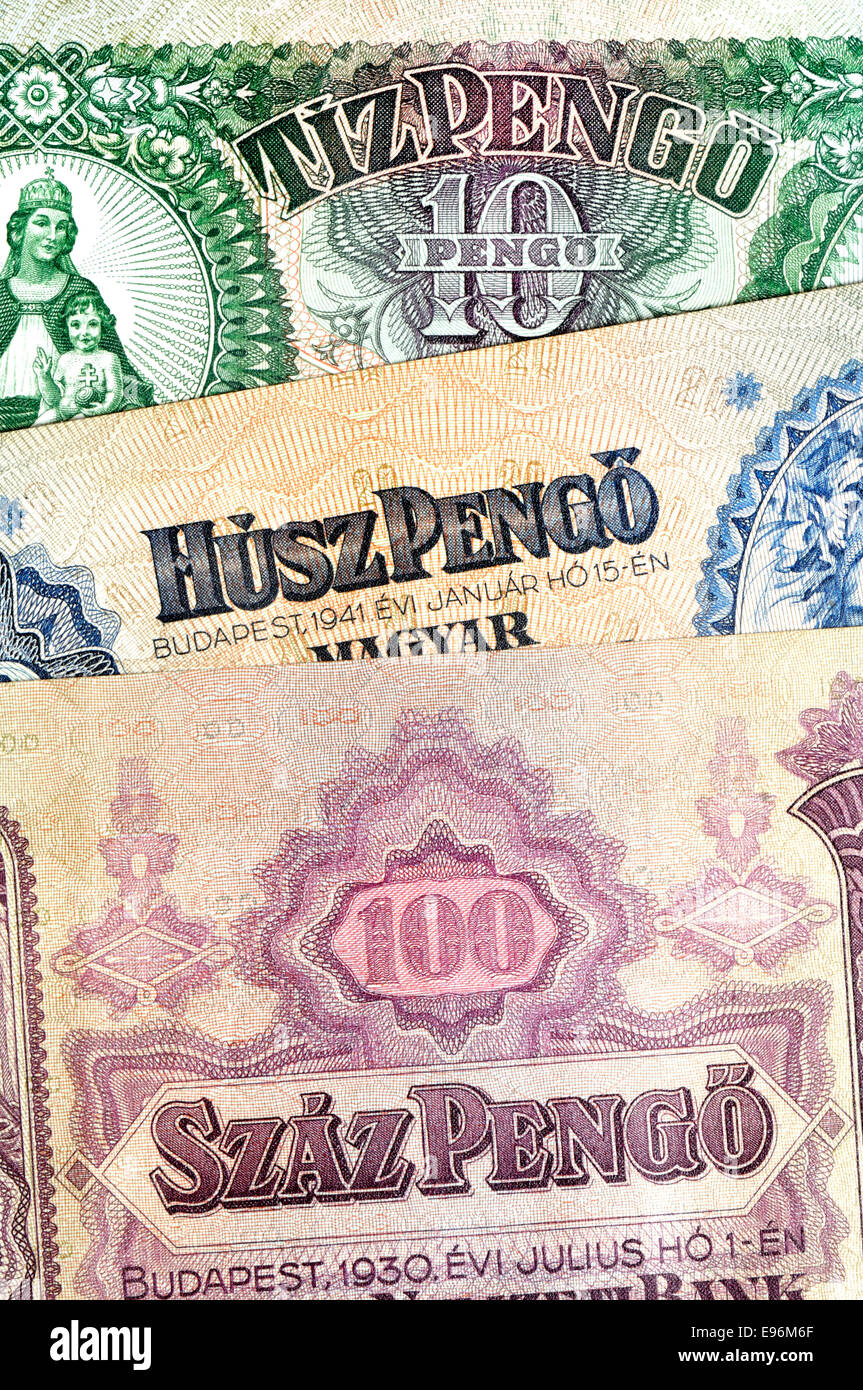 Dettaglio di un vecchio ungherese banconota che mostra i numeri in lingua ungherese Foto Stock
