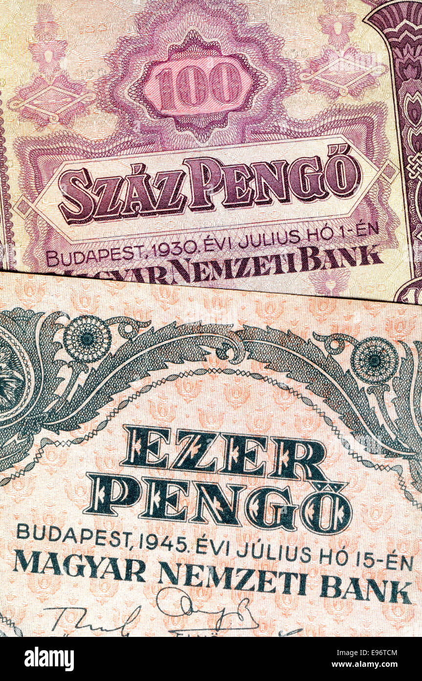 Dettaglio di un vecchio ungherese banconota che mostra i numeri in lingua ungherese 100 e 1000 Pengo Foto Stock