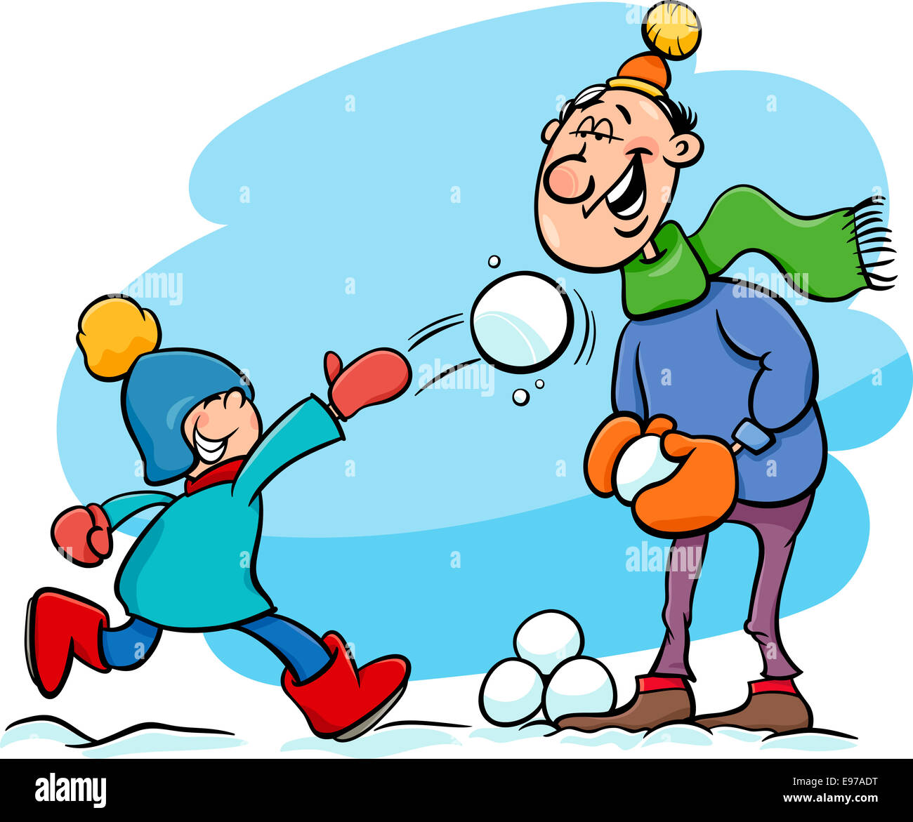 Cartoon illustrazione del Padre e il piccolo figlio di tirare palle di neve e divertimento in inverno Foto Stock