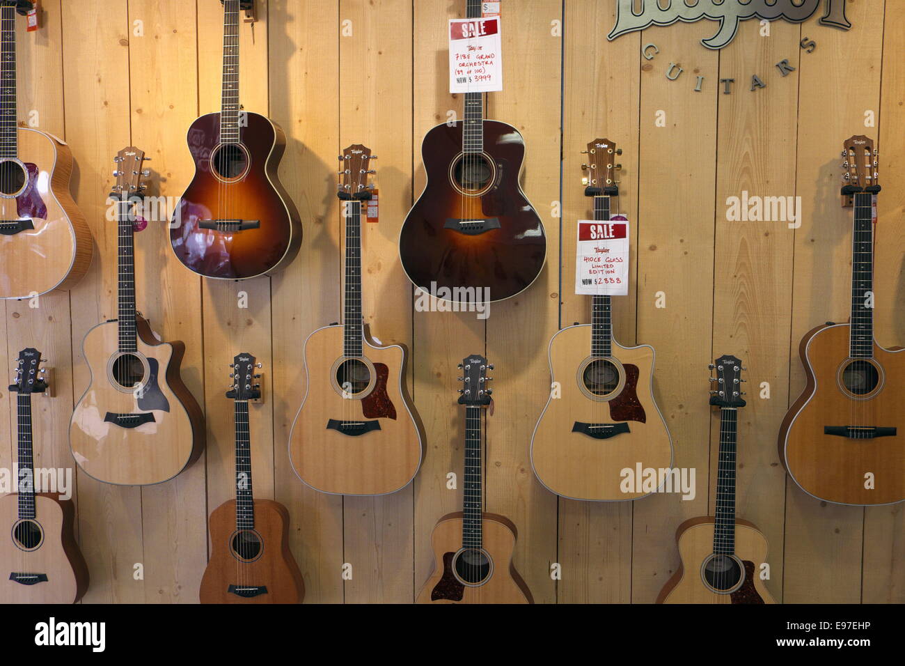 Music store in Sydney Nord la vendita di una gamma di strumenti tra cui chitarre acustiche Foto Stock