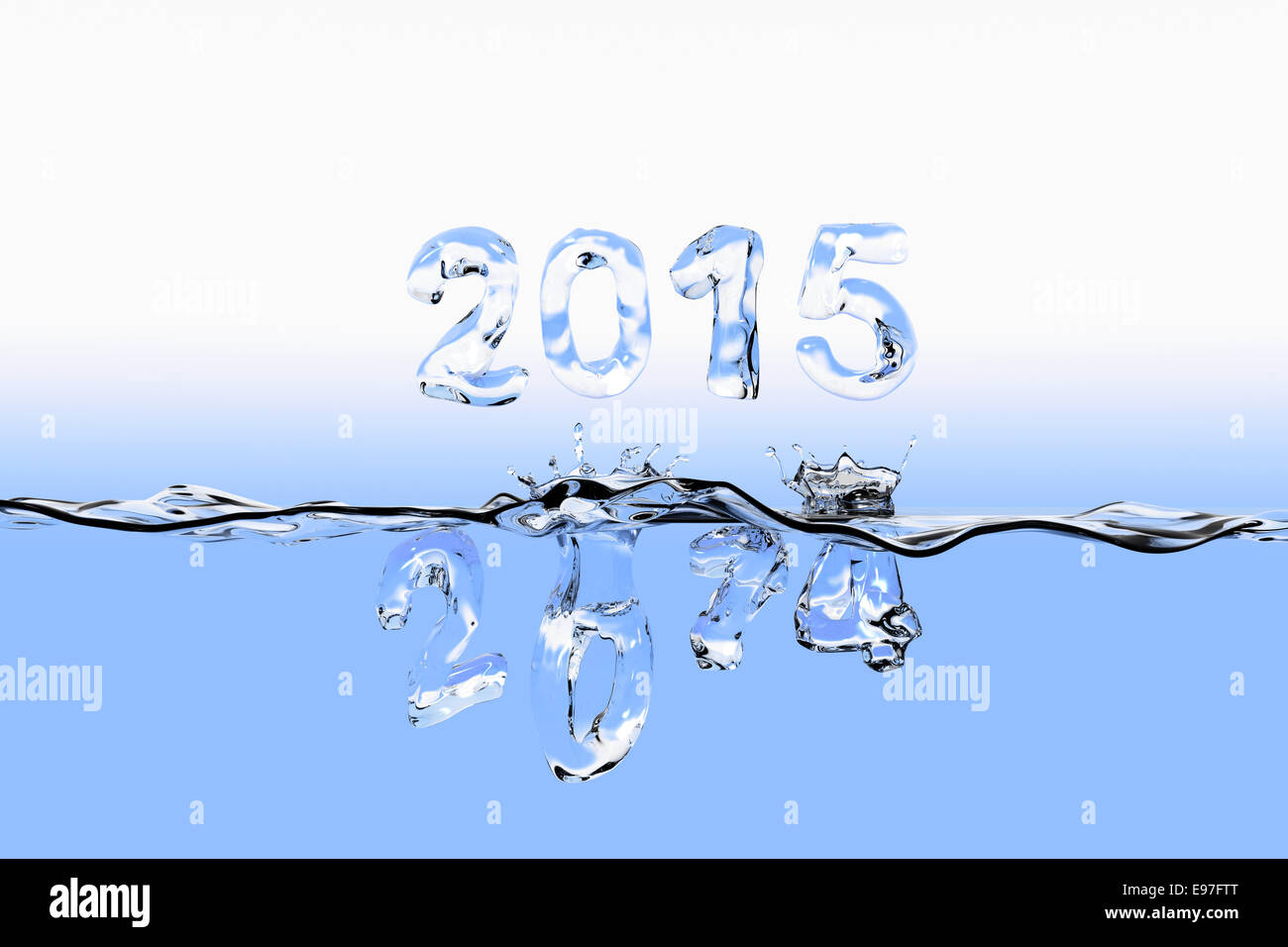 Superficie di acqua con 2014 cifre schizzi in acqua e 2015 galleggiante sopra la superficie. Tutti i numeri di telefono vengono visualizzati come fatto di acqua Foto Stock
