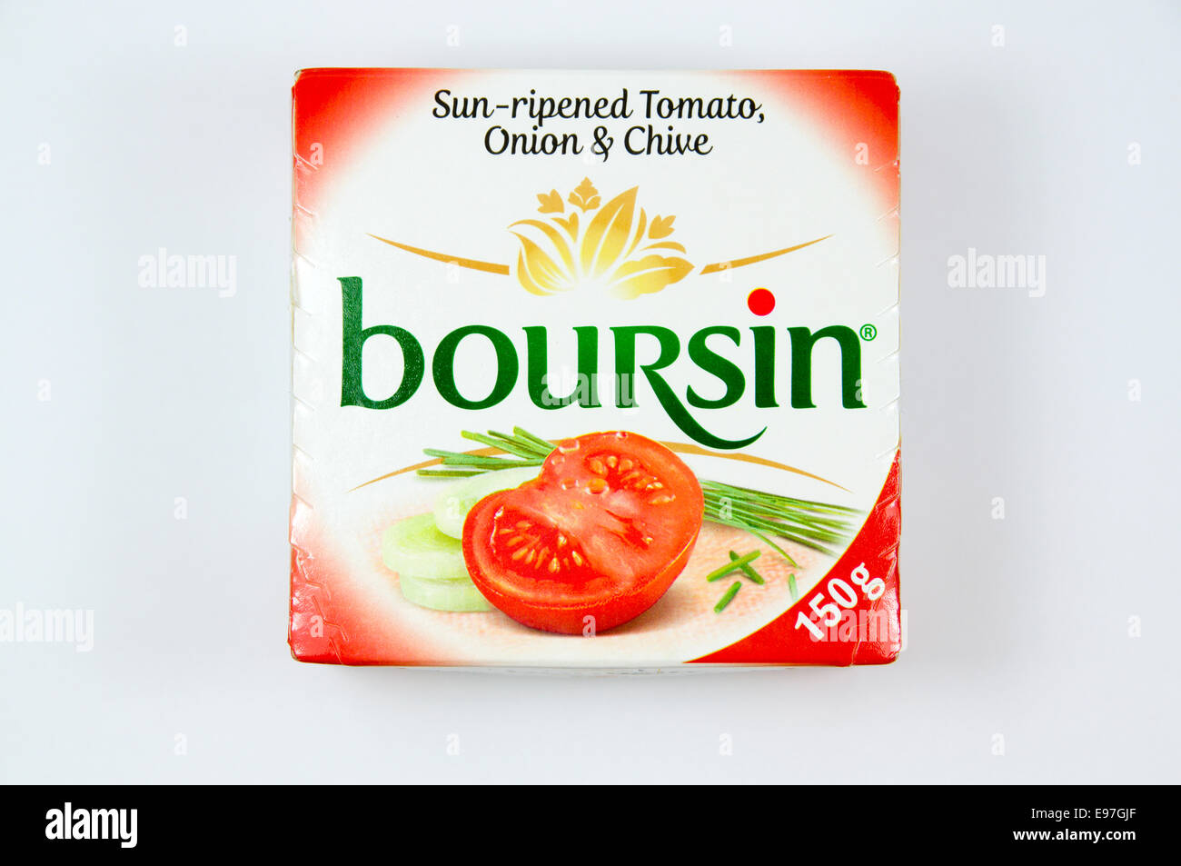 Scatola di Boursin cipolla pomodoro ed erba cipollina formaggio francese. Foto Stock