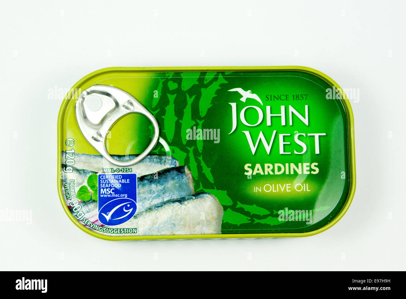 Lo stagno di John West di sardine in olio di oliva Foto Stock