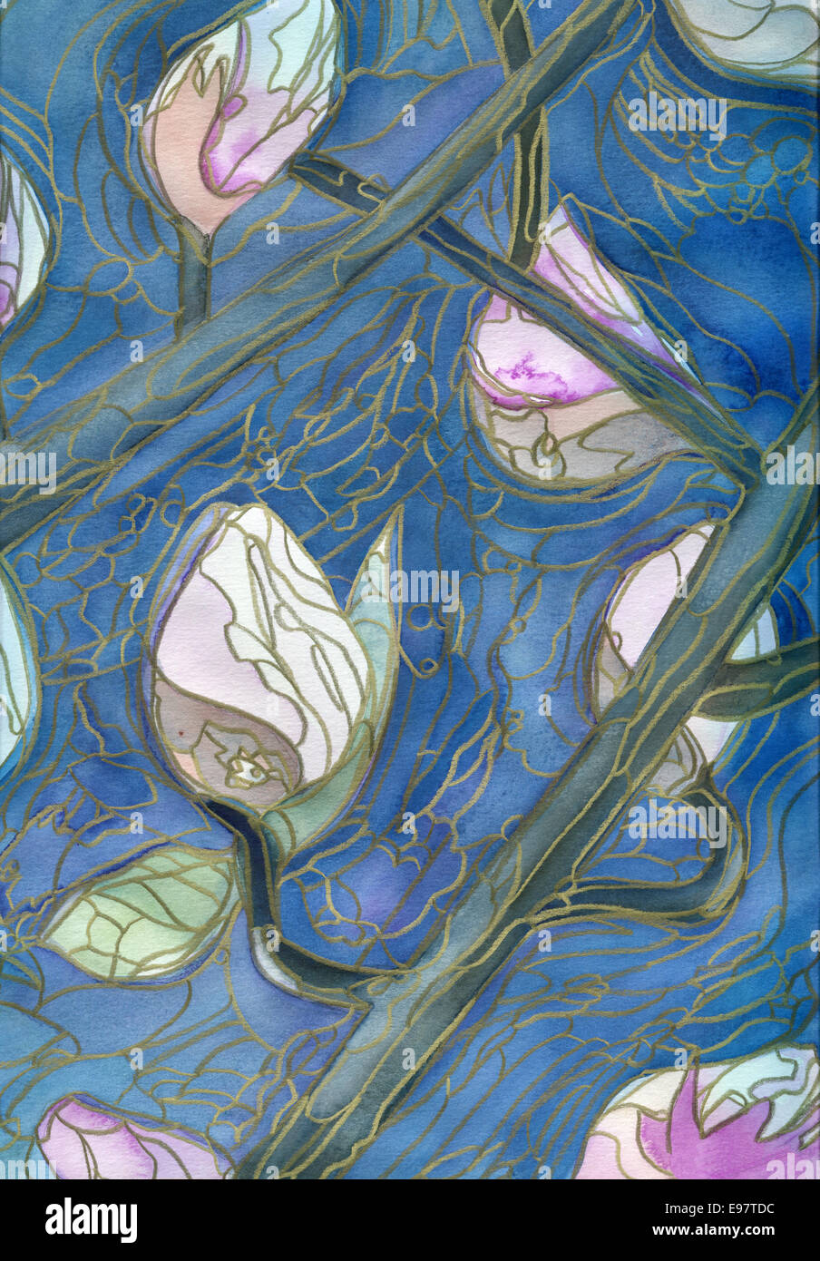 Boccioli di magnolia. Gli originali digitalizzati pittura ad acquerello con contorni in oro penna. Foto Stock