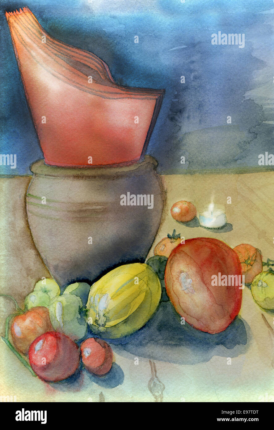 Tavolo da cucina con orange tovaglioli, pomodori raccolti, frutta e tè piccola luce. Acquerello originale e gouache pittura. Foto Stock Tavolo da cucina con orange tovaglioli, pomodori raccolti, frutta e tè piccola luce. Acquerello originale e gouache pittura. Foto Stock
