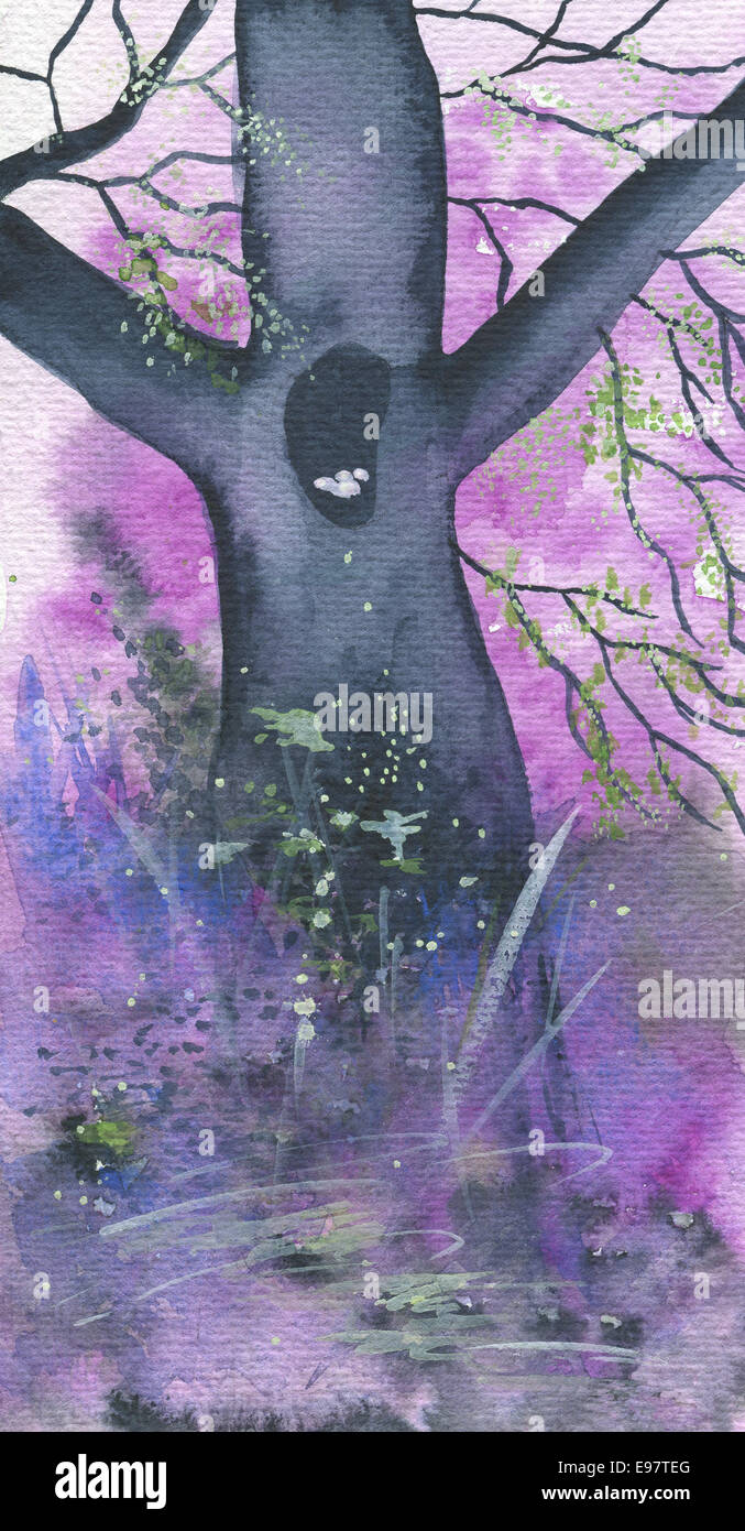 Felice molla albero con nido e uova. Acquerello originale e gouache pittura. Foto Stock Felice molla albero con nido e uova. Acquerello originale e gouache pittura. Foto Stock