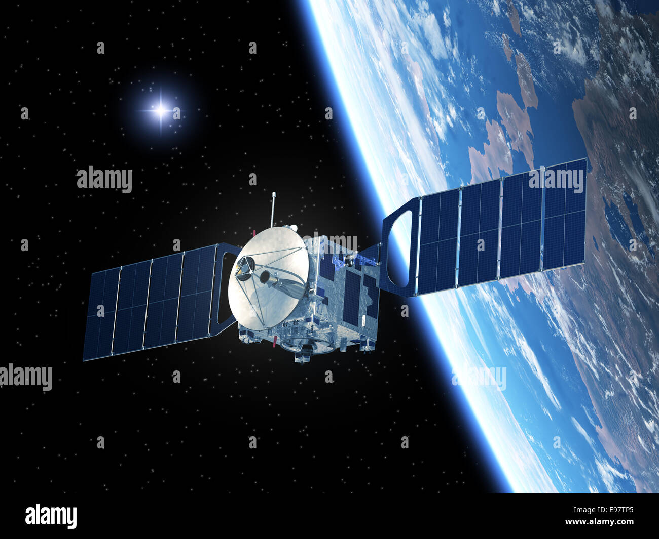 Satellite in orbita attorno alla terra. Realistiche scene 3D. Foto Stock