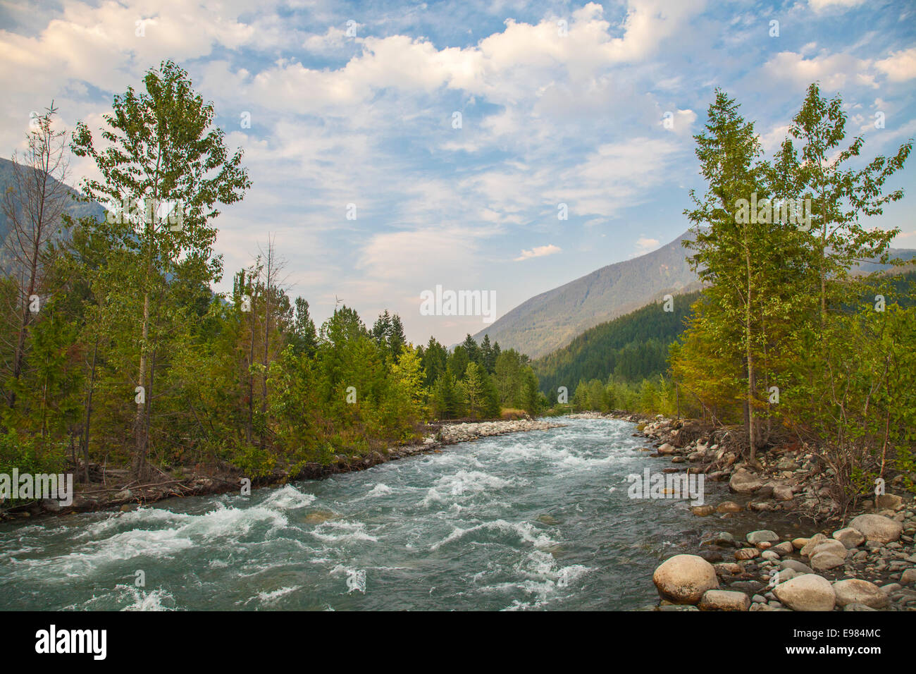 Carpenter Creek che scorre nel lago Slocan, Nuova Denver, Slocan Valley, West Kootenay, British Columbia, Canada Foto Stock