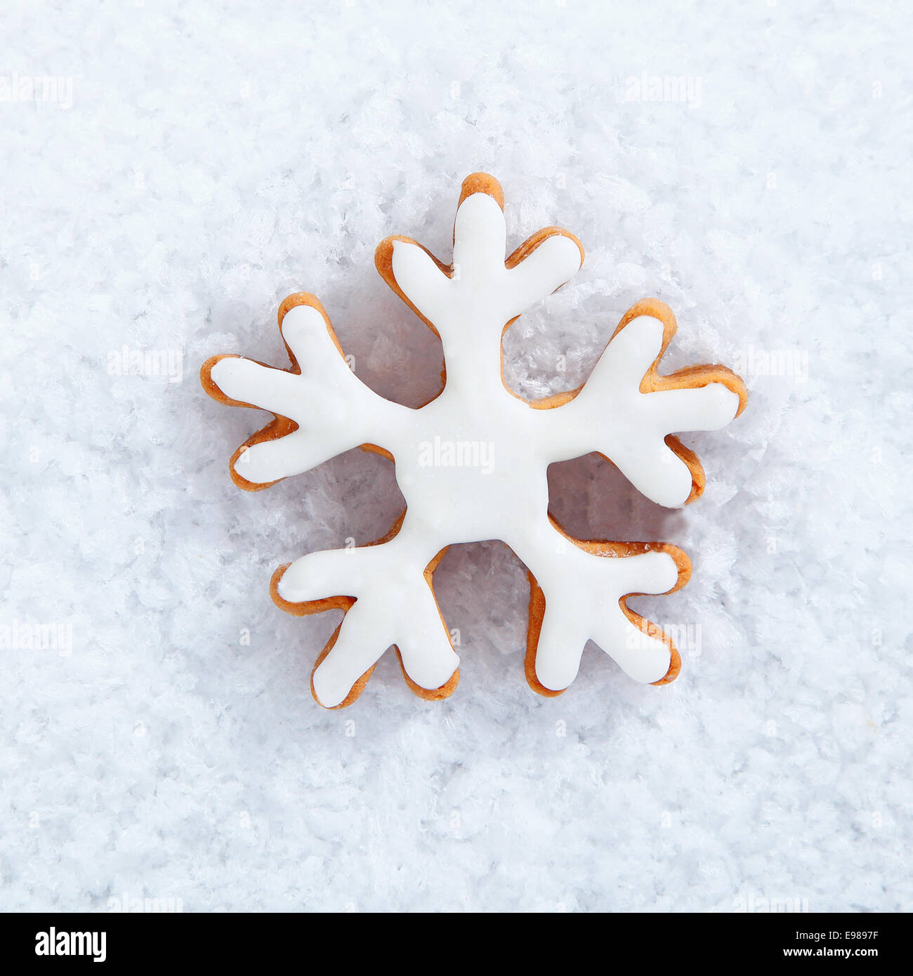 Il simbolo del fiocco di neve ghiacciata biscotto sulla neve per il tuo inverno tema stagionale o gli auguri di Natale Foto Stock
