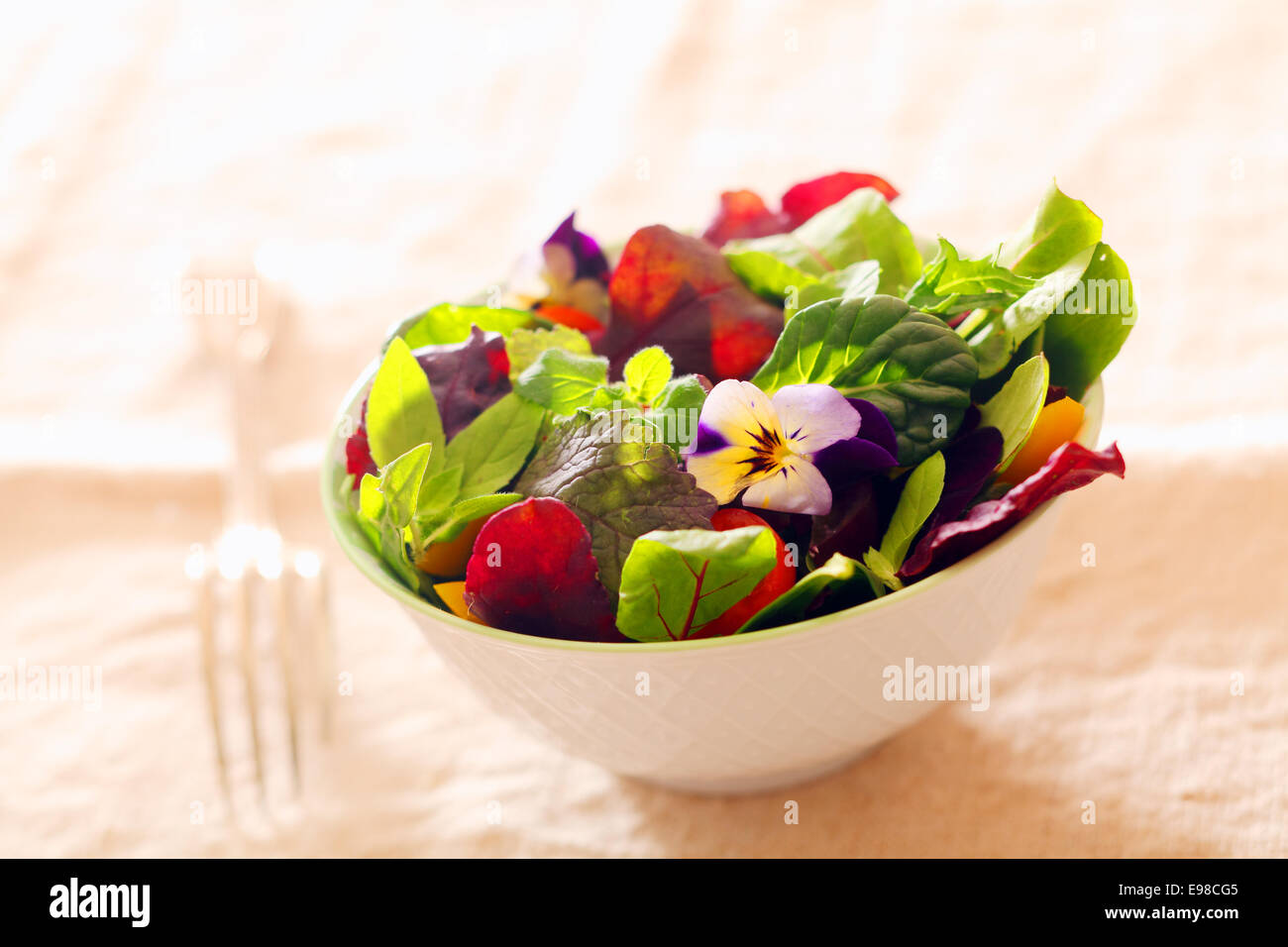I nasturzi fresca e insalata di erbe con un assortimento di sano foglie verdi è servita come una singola porzione in un piatto bianco come accompagnamento per un pasto Foto Stock