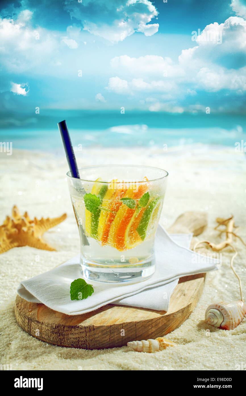 Delizioso il gin o la vodka citrus cocktail serviti su una soleggiata spiaggia tropicale su un rustico di legno con sfondo oceano Foto Stock