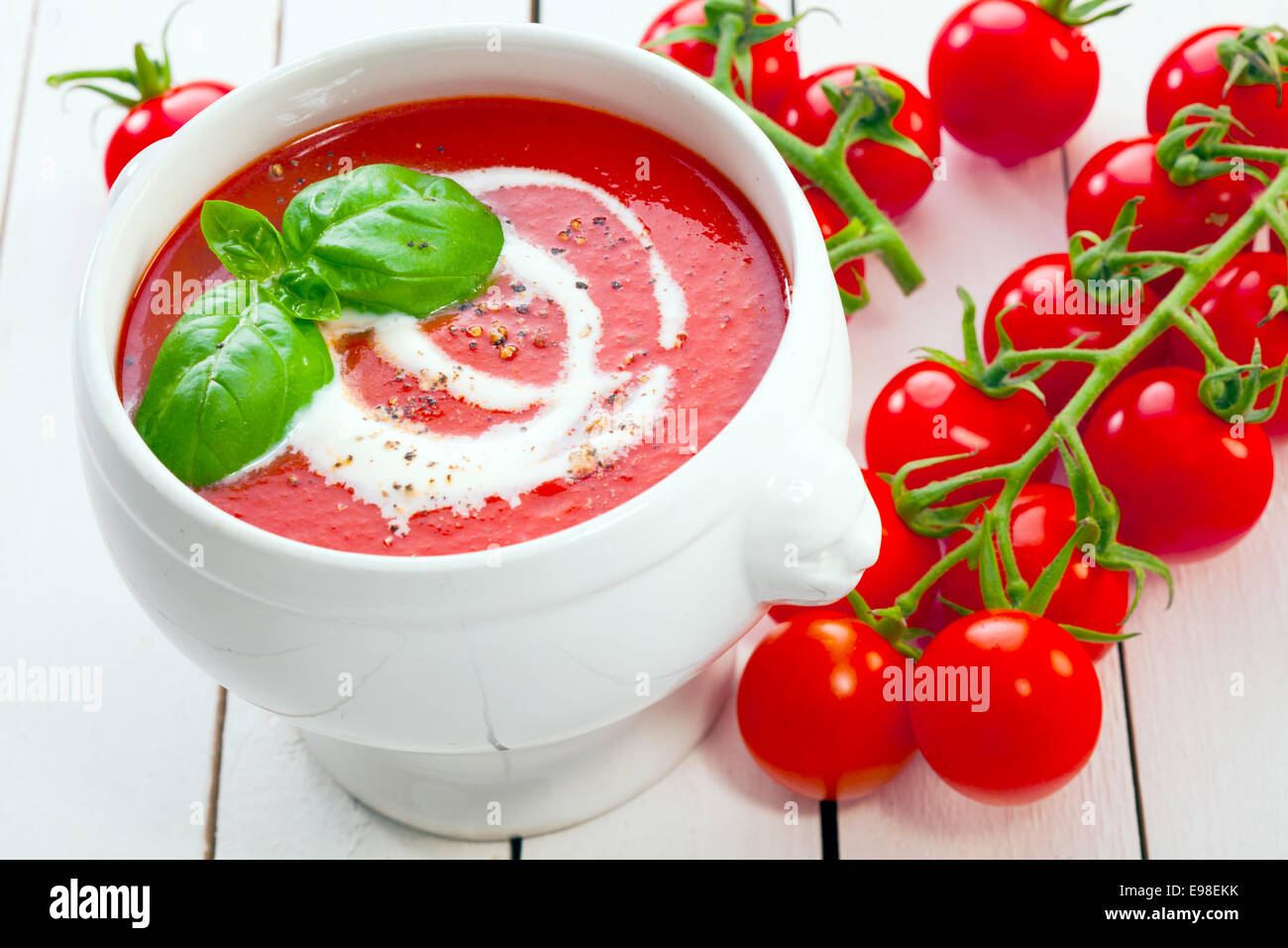 Display a colori di zuppa di pomodoro con Crema di basilico e a fianco di un grappolo di uva fresca pomodori sulla vite sul dipinto di bianco di tavole di legno Foto Stock