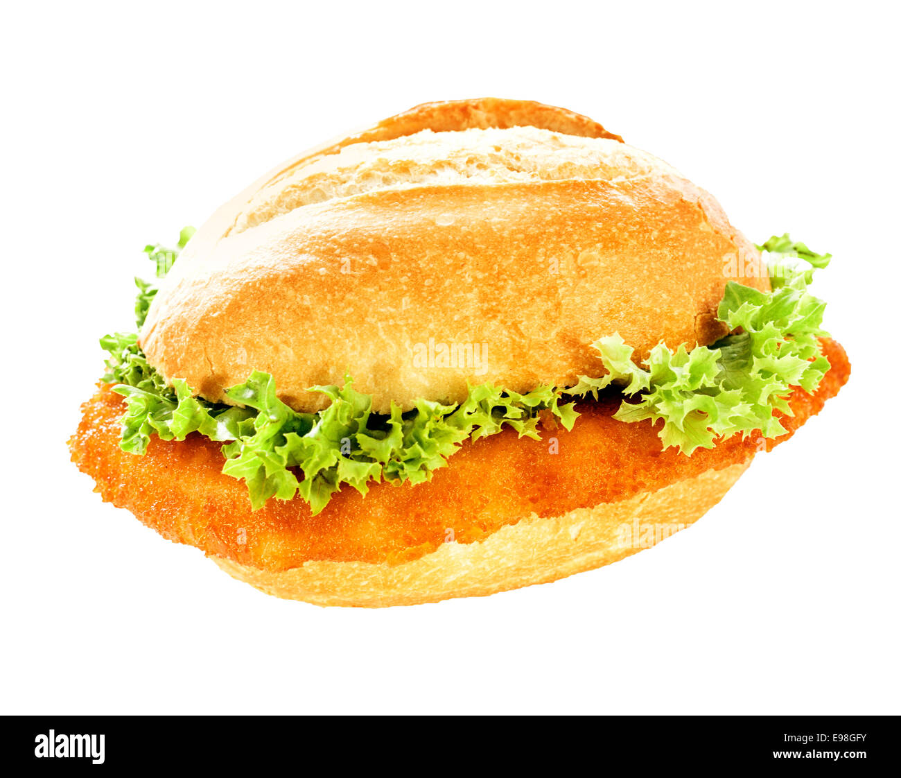 Deliziosi hamburger di pesce fresco con lattuga frilly e un impanati filetto di pesce su una crosta di bun isolato su bianco Foto Stock