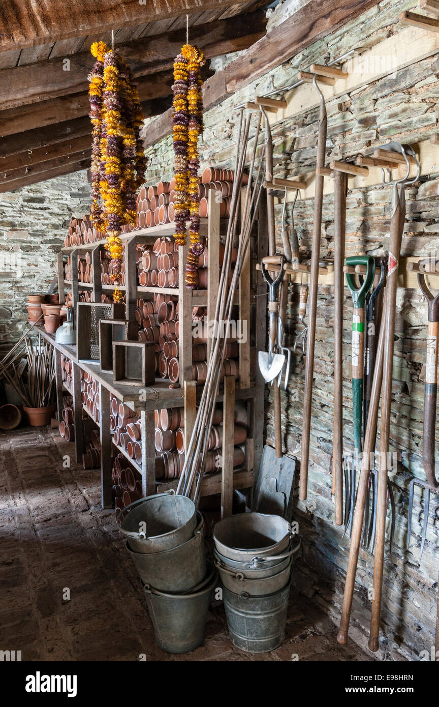 The Lost Gardens of Heligan, Cornovaglia, Regno Unito. Interno di un capannone con attrezzi da giardino conservati Foto Stock