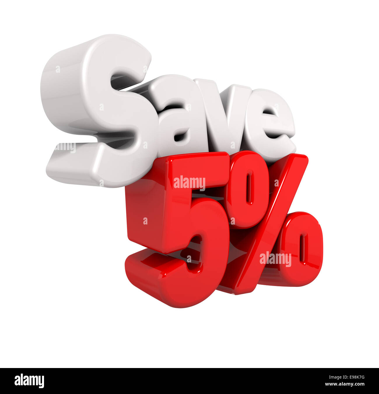 Un 3D render del cinque per cento di riduzione di prezzo e salvare in formato testo e numeri angolate obliquamente isolato su bianco Foto Stock