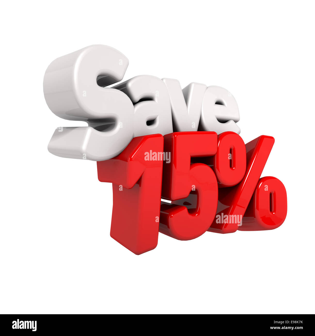 Un 3D render del quindici per cento di riduzione dei prezzi e salvare in formato testo e numeri angolate obliquamente isolato su bianco Foto Stock