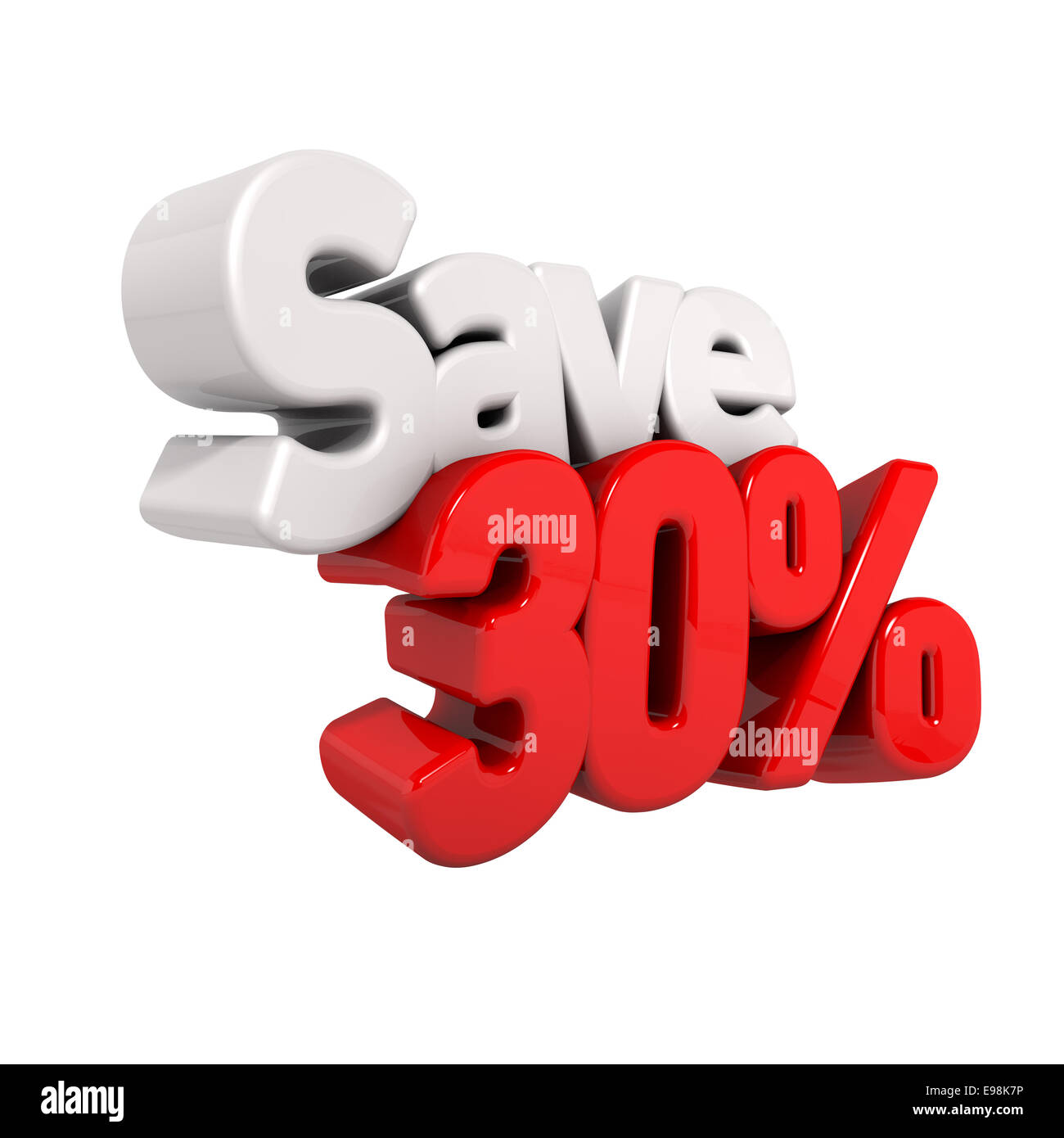 Un 3D render di trenta per cento di riduzione di prezzo e salvare in formato testo e numeri angolate obliquamente isolato su bianco Foto Stock