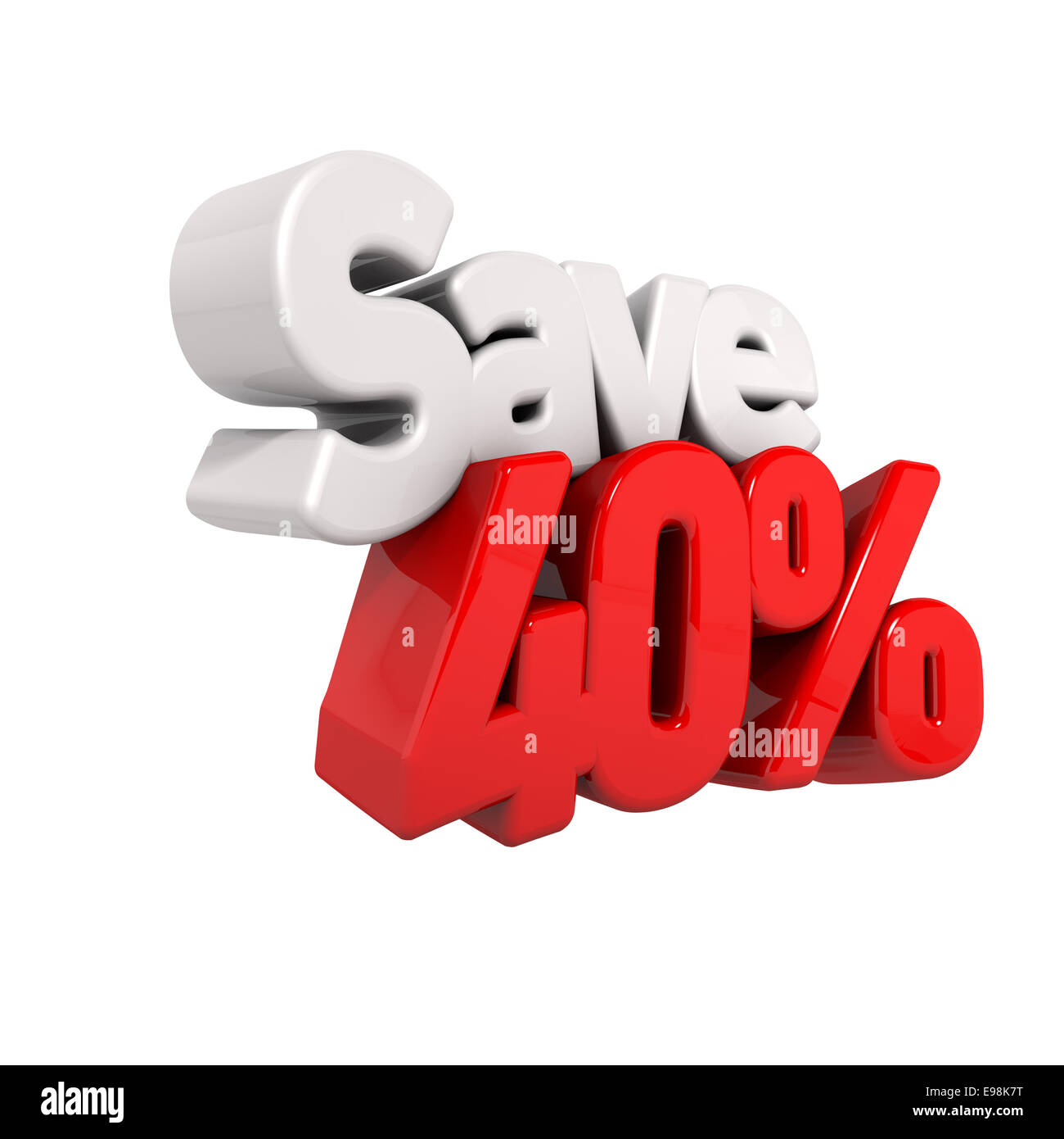 Un 3D render di quaranta percento di riduzione di prezzo e salvare in formato testo e numeri angolate obliquamente isolato su bianco Foto Stock