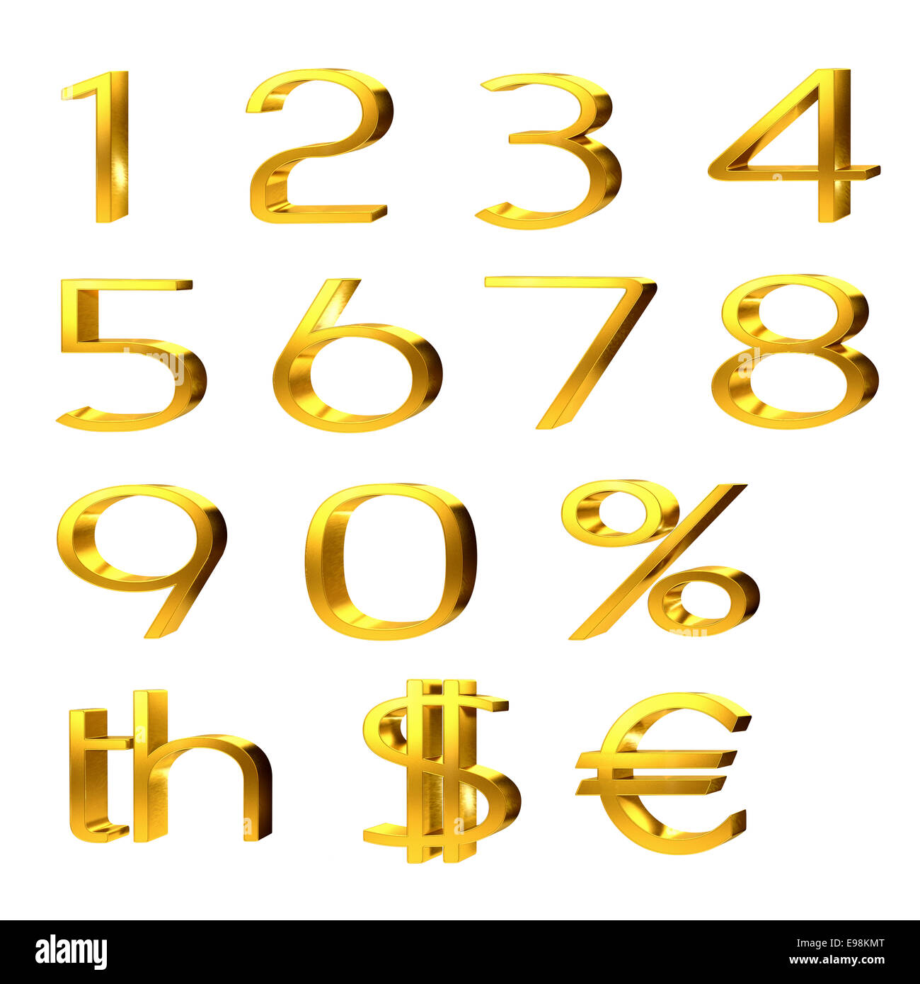 3d set di numeri di oro, percentuale e simboli di valuta per la sterlina, il dollaro ed euro isolato su bianco Foto Stock