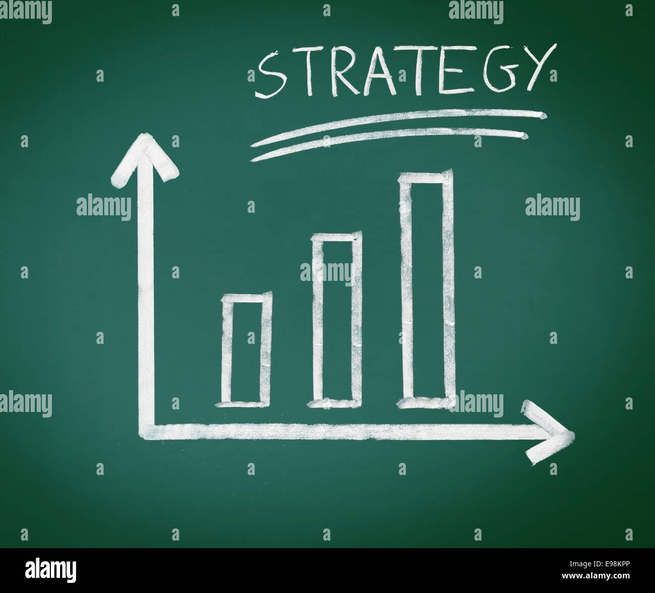 Strategia grafico a barre, handdrawn geometriche del grafico a barre che mostra un aumento costante al di sopra di tre barre e la strategia di parola, concettuale di una strategia di successo nel business. Foto Stock