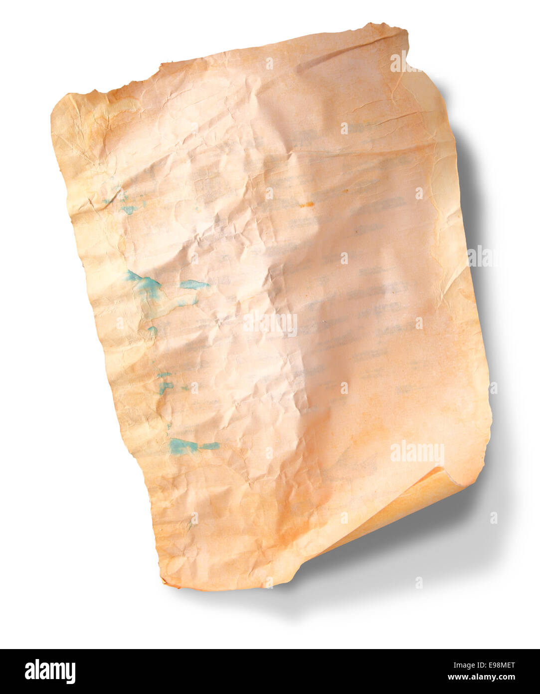 Vuoto carta invecchiata isolato su sfondo bianco con un inkspot Foto Stock