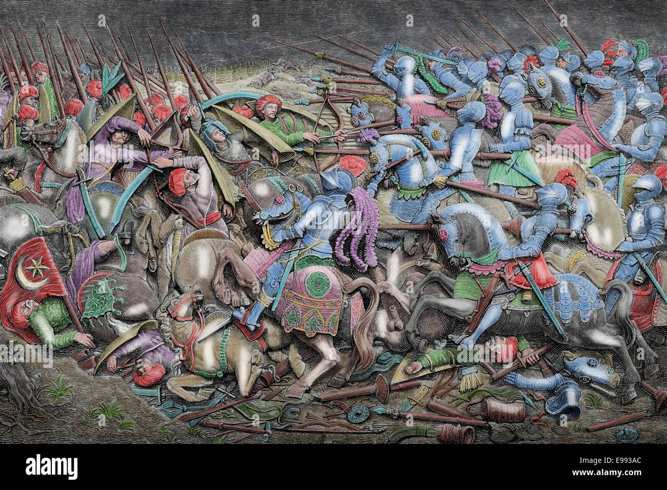 Sacro Romano Impero. Regno di Massimiliano I (1459-1519). La guerra contro l'Impero Ottomano. Incisione. Colorati. Foto Stock