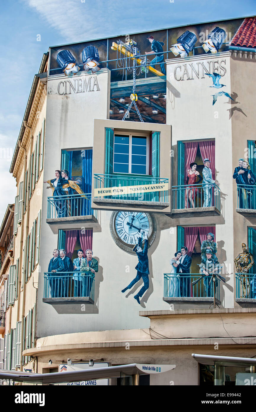 Pittura murale Cinéma Cannes circa le stelle del cinema nella città di Cannes, Riviera Francese, Côte d'Azur, Alpes-Maritimes, Francia Foto Stock