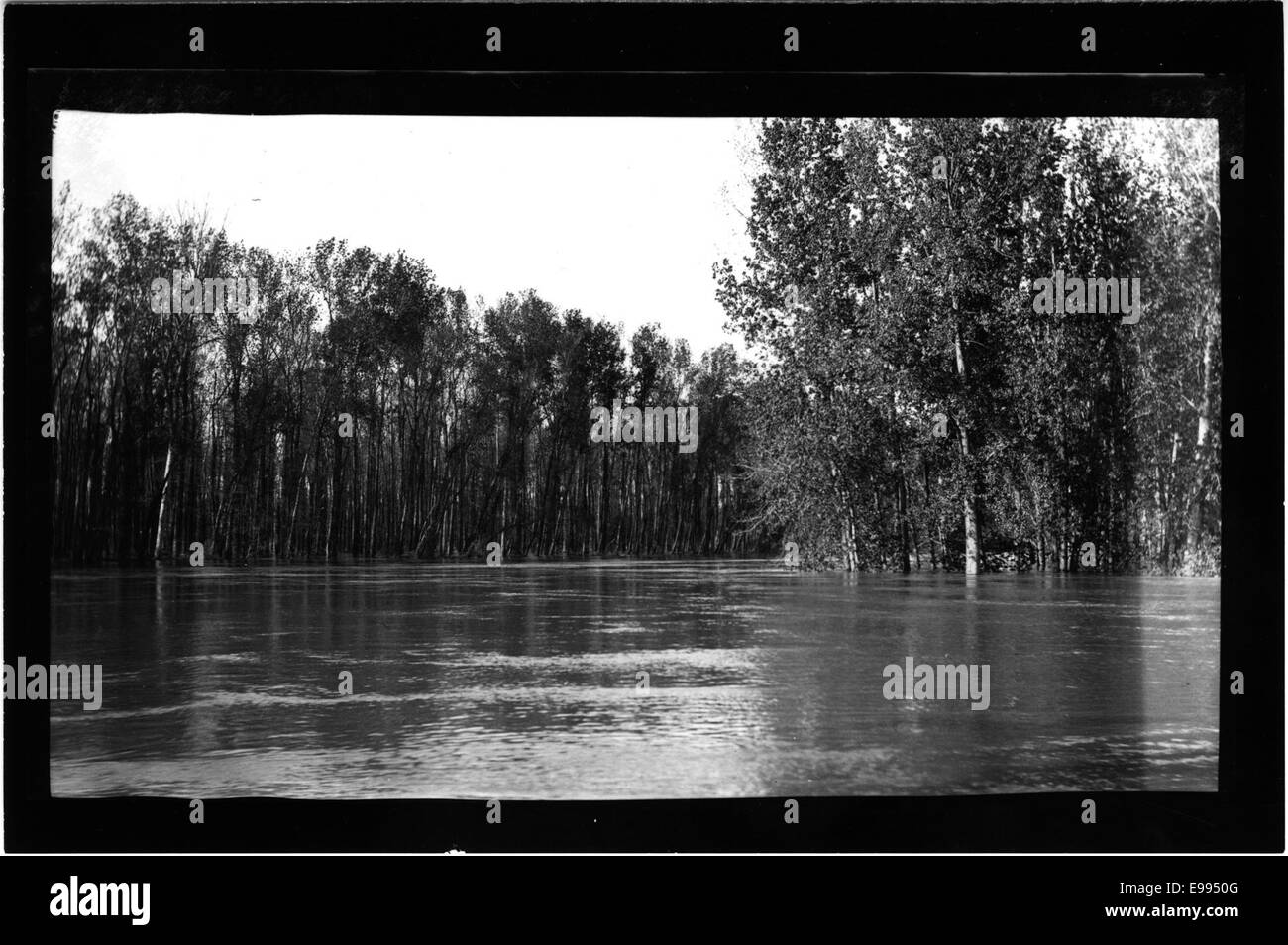 Questa immagine mostra una vista che guarda a nord da una diga su un vecchio fiume, evidenziando il percorso tortuoso del corso d'acqua, la vegetazione circostante e il ruolo della diga nella gestione dei livelli dell'acqua e nella prevenzione delle inondazioni nell'area. Foto Stock