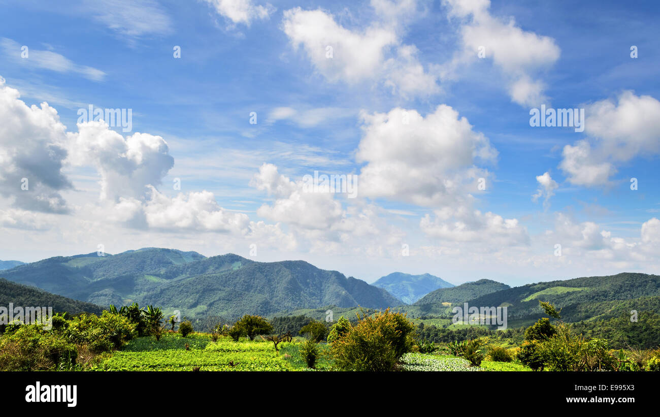 Bellissima natura del cielo al di sopra della gamma della montagna a Mae Hong Son, provincia nord della Thailandia Foto Stock