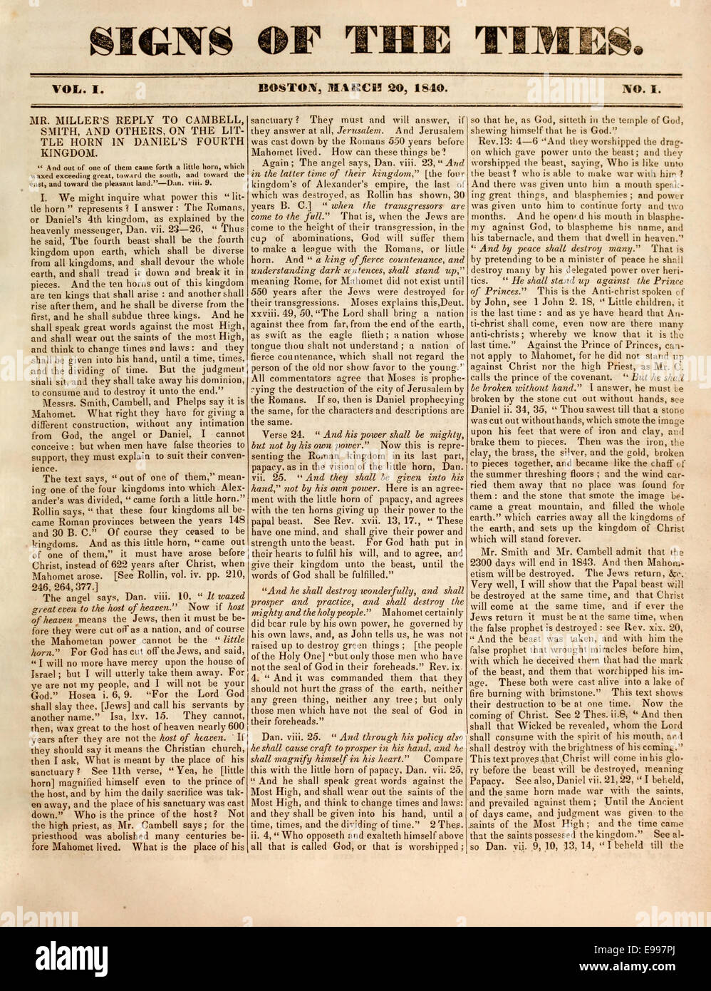 Prima edizione di "segni dei tempi" rivista mensile 1840 pubblicato dalla Millerites. Vedere la descrizione per maggiori informazioni. Foto Stock