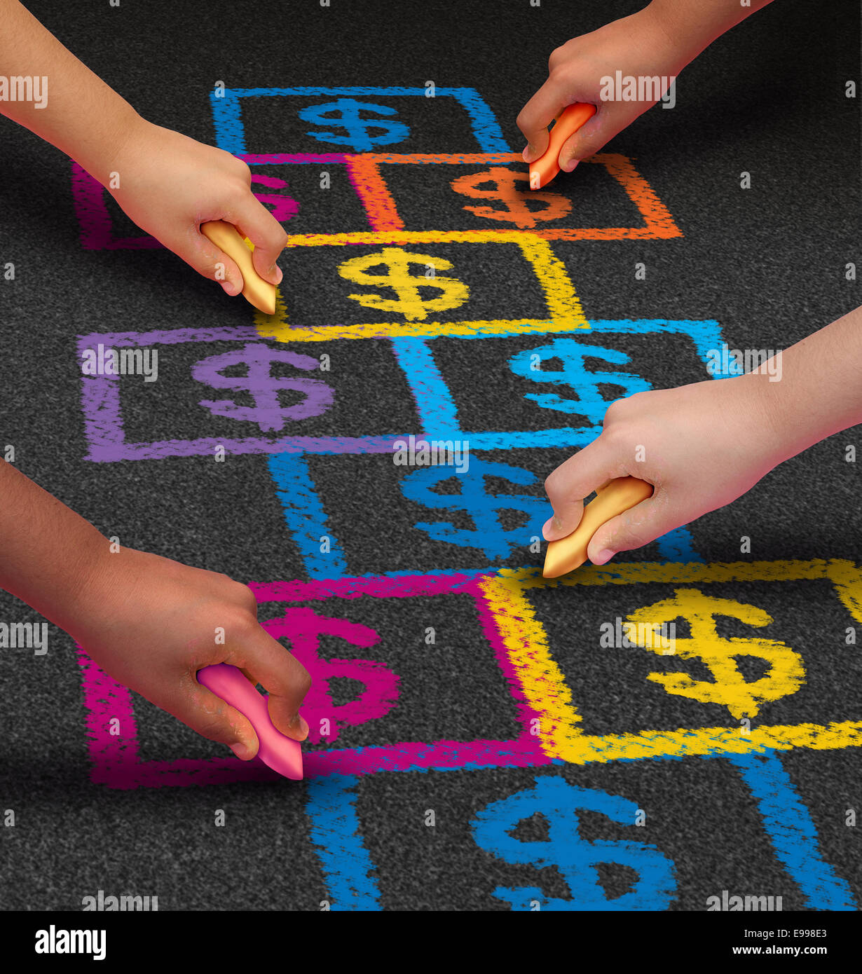 Il finanziamento della scuola e istruzione concetto aziendale come un gruppo di bambini il disegno di una campana gioco su un pavimento con segni di dollaro come Foto Stock