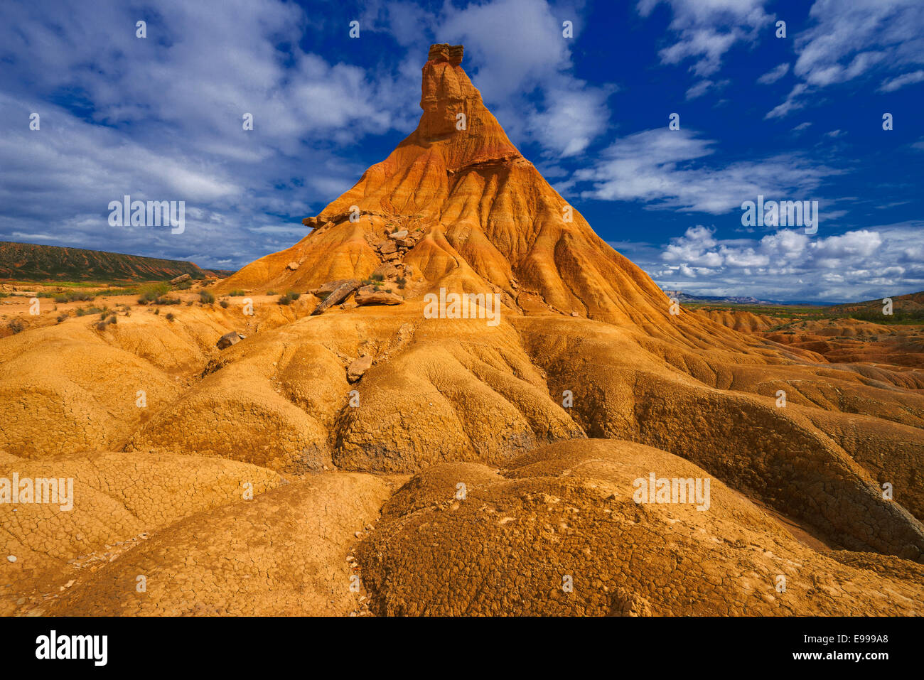 Arguedas, Bardenas Reales, Castildetierra, tipica formazione di roccia, Bardenas Reales parco naturale. Riserva della Biosfera. La Navarra. Spa Foto Stock