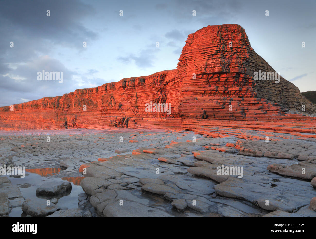 In tarda serata la luce del sole su scogliere a Nash punto, South Wales, drammaticamente girando la roccia una ricca orange / rosso al tramonto Foto Stock