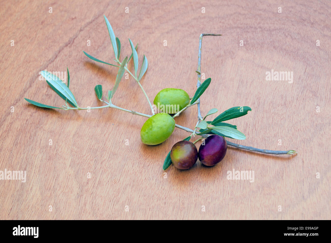 Mature olive nere e verdi con foglie su un sfondo di legno. Foto Stock