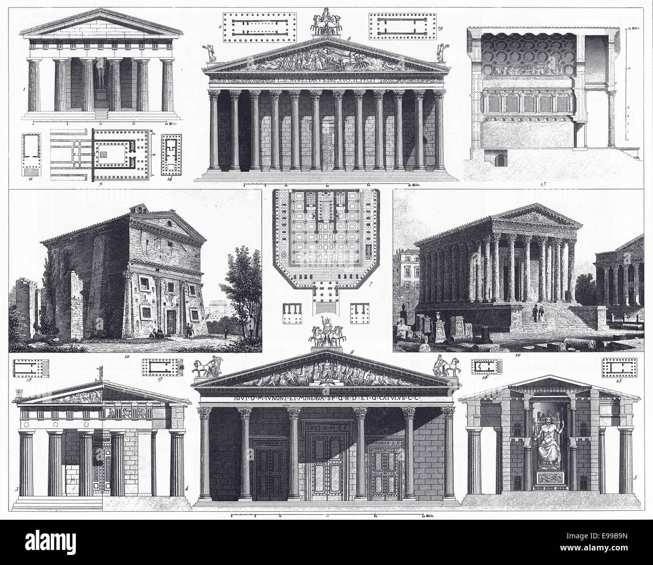 Le illustrazioni incise di greco e templi romani da enciclopedia iconografico della scienza, letteratura e arte, 1851. Foto Stock