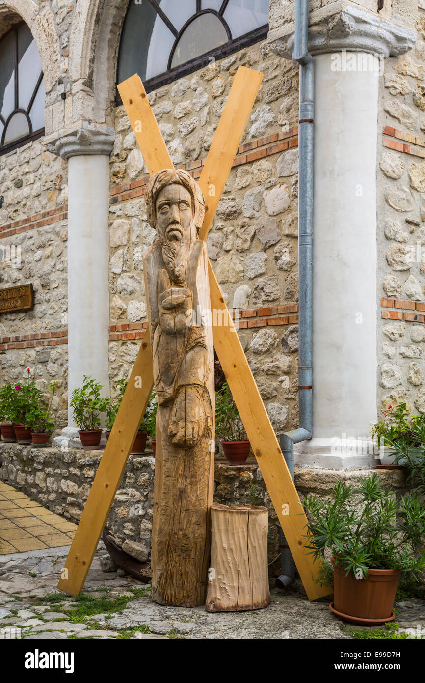 Icone Religiose in un cortile della chiesa nella città di Nessebar, Bulgaria. Foto Stock