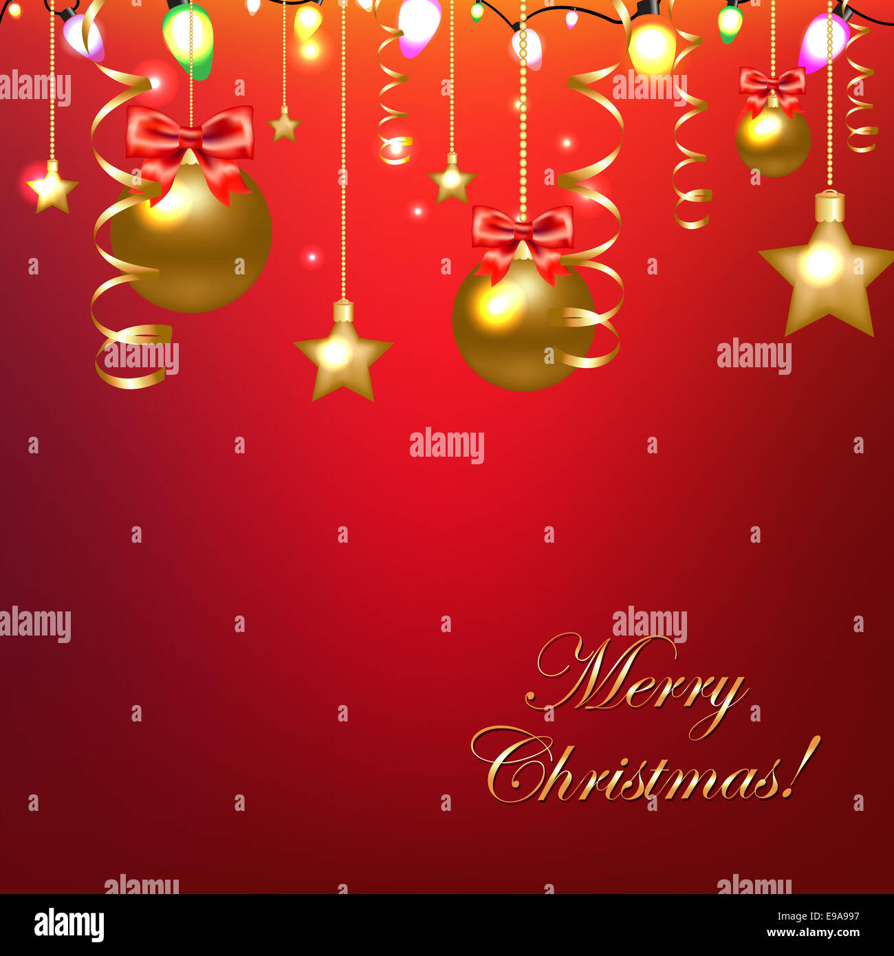 Scheda di colore rosso con stelle e palla di Natale Foto Stock