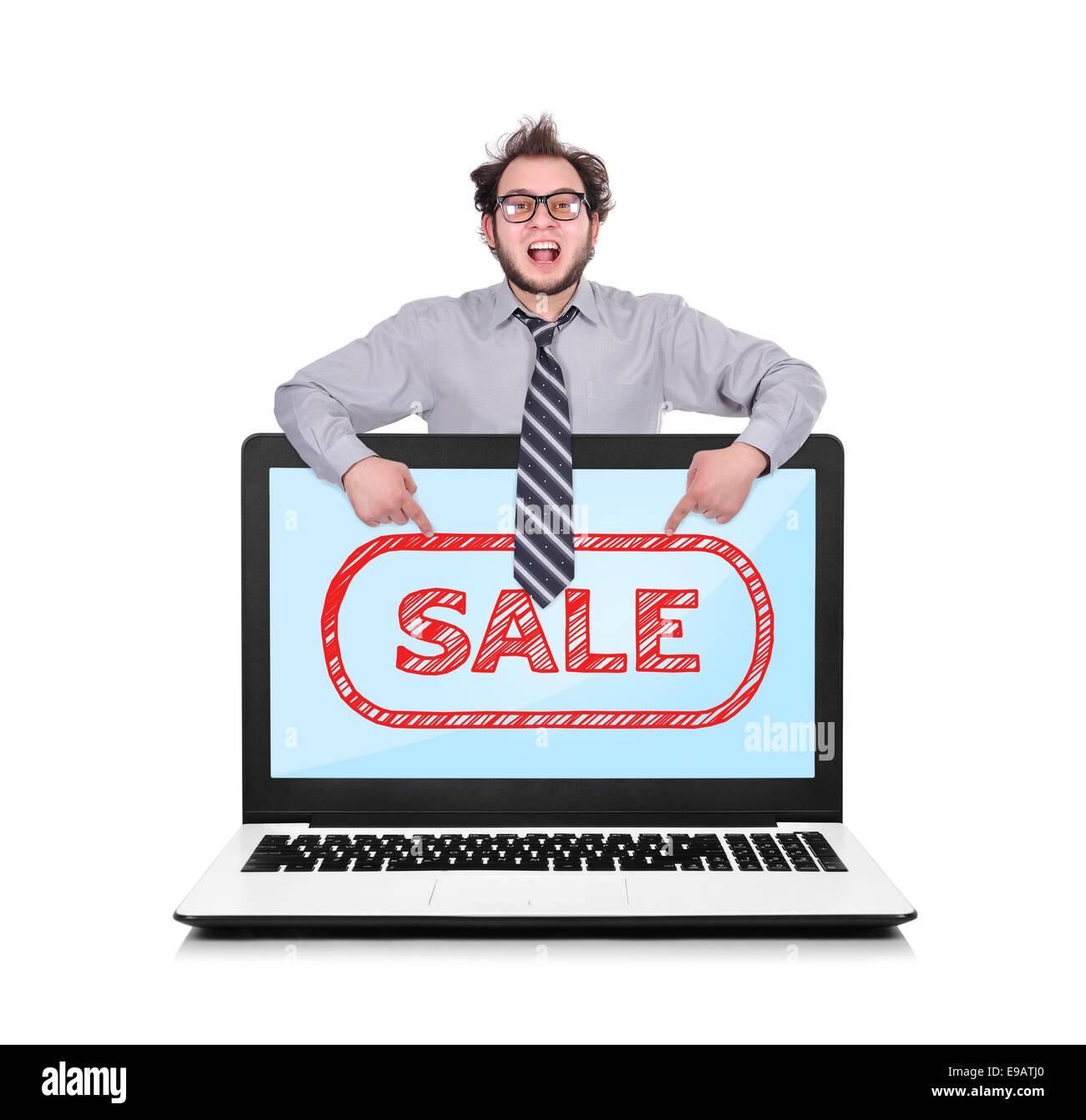 Happy businessman puntando al notebook con il simbolo di vendita Foto Stock