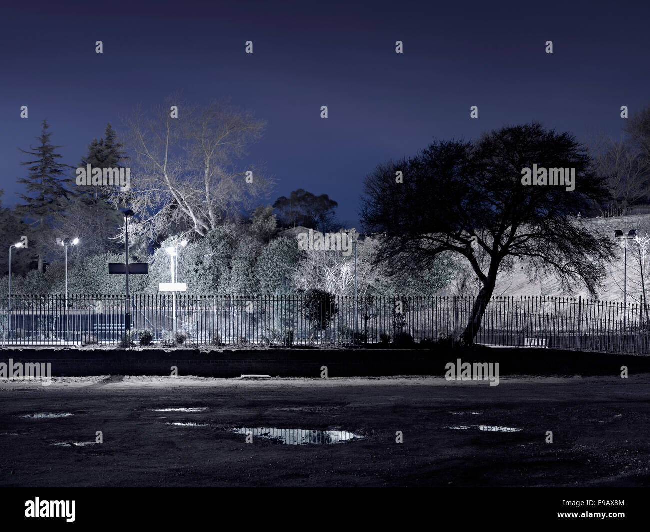 Night Shot della vecchia stazione di ghiaia parcheggio auto e stazione ferroviaria piattaforma con alberi da 'lightspaces' progetto di Mark Reeves Foto Stock