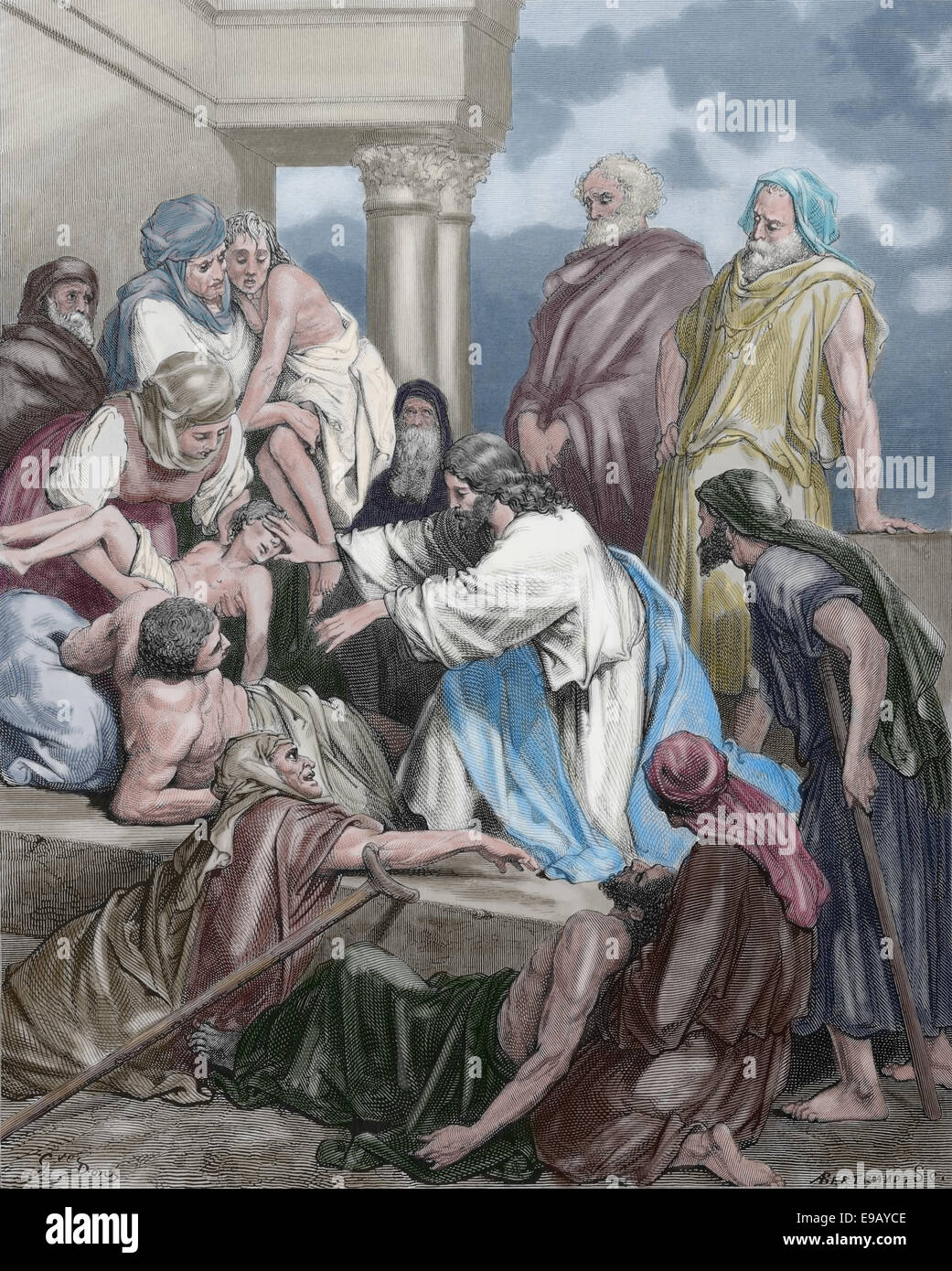Bibbia illustrata. Il Nuovo Testamento. Gesù che guarisce i malati. Disegno di Gustave Dore (1832-1883). Xix secolo. Colorazione successiva. Foto Stock