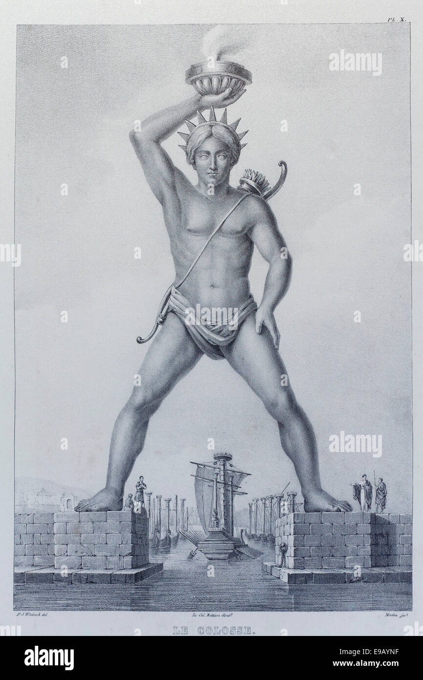 Colosso di Rodi, incisione storica Foto Stock