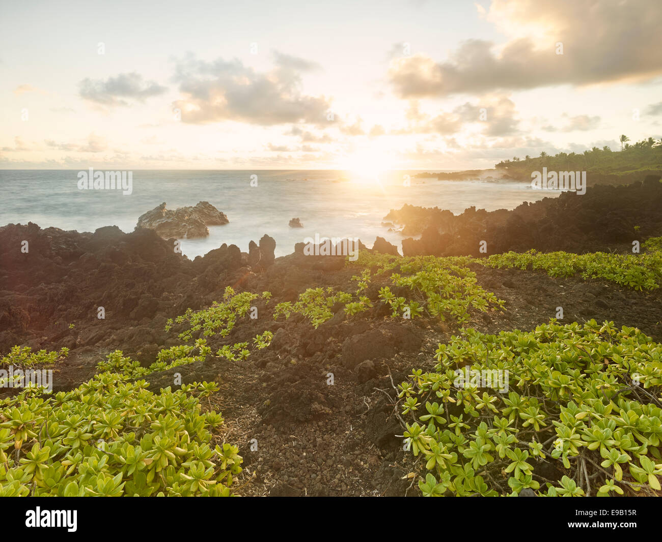 Sunrise a Hana Bay, Maui, Hawaii, STATI UNITI D'AMERICA Foto Stock