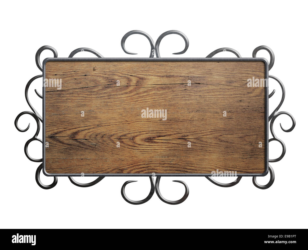 Vecchia piastra di legno o firmare il telaio metallico isolato Foto Stock