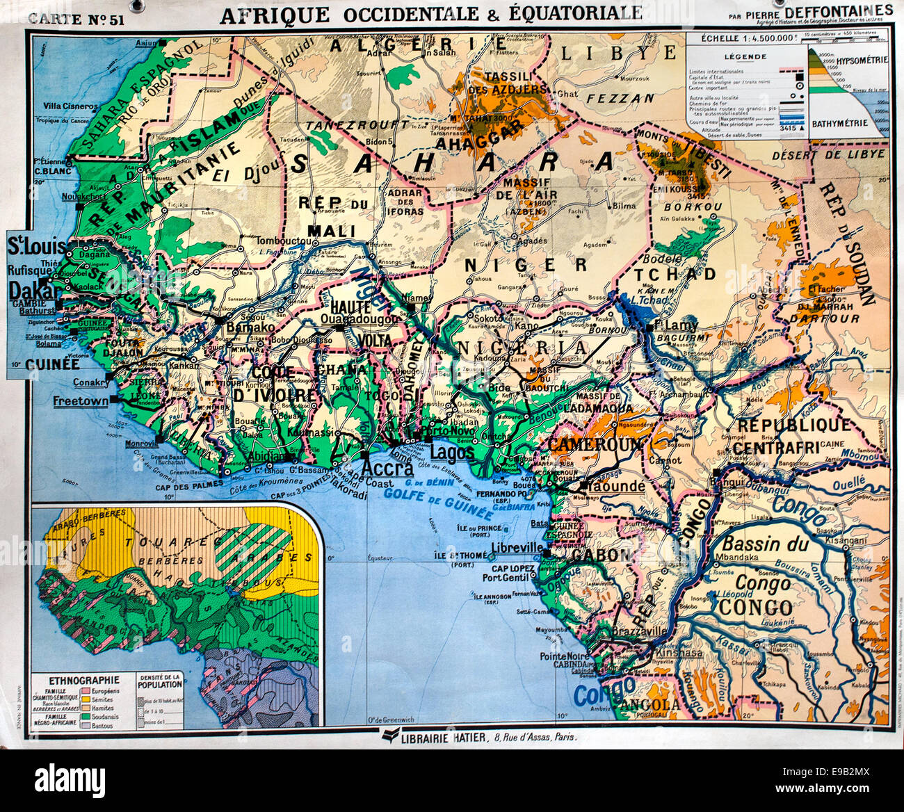 Vecchia scuola parete mondo mappa sahara Africa Niger Congo cartografia francese Foto Stock