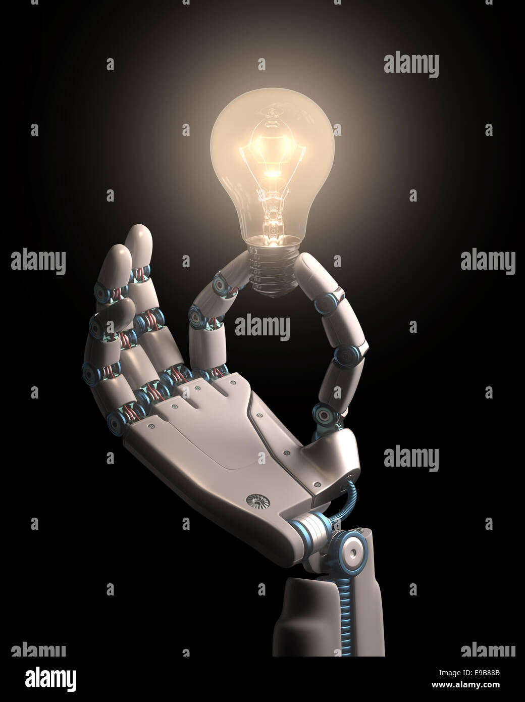 Robot a mano che tiene una lampadina su un'idea concettuale della tecnologia. Percorso di clipping incluso. Foto Stock