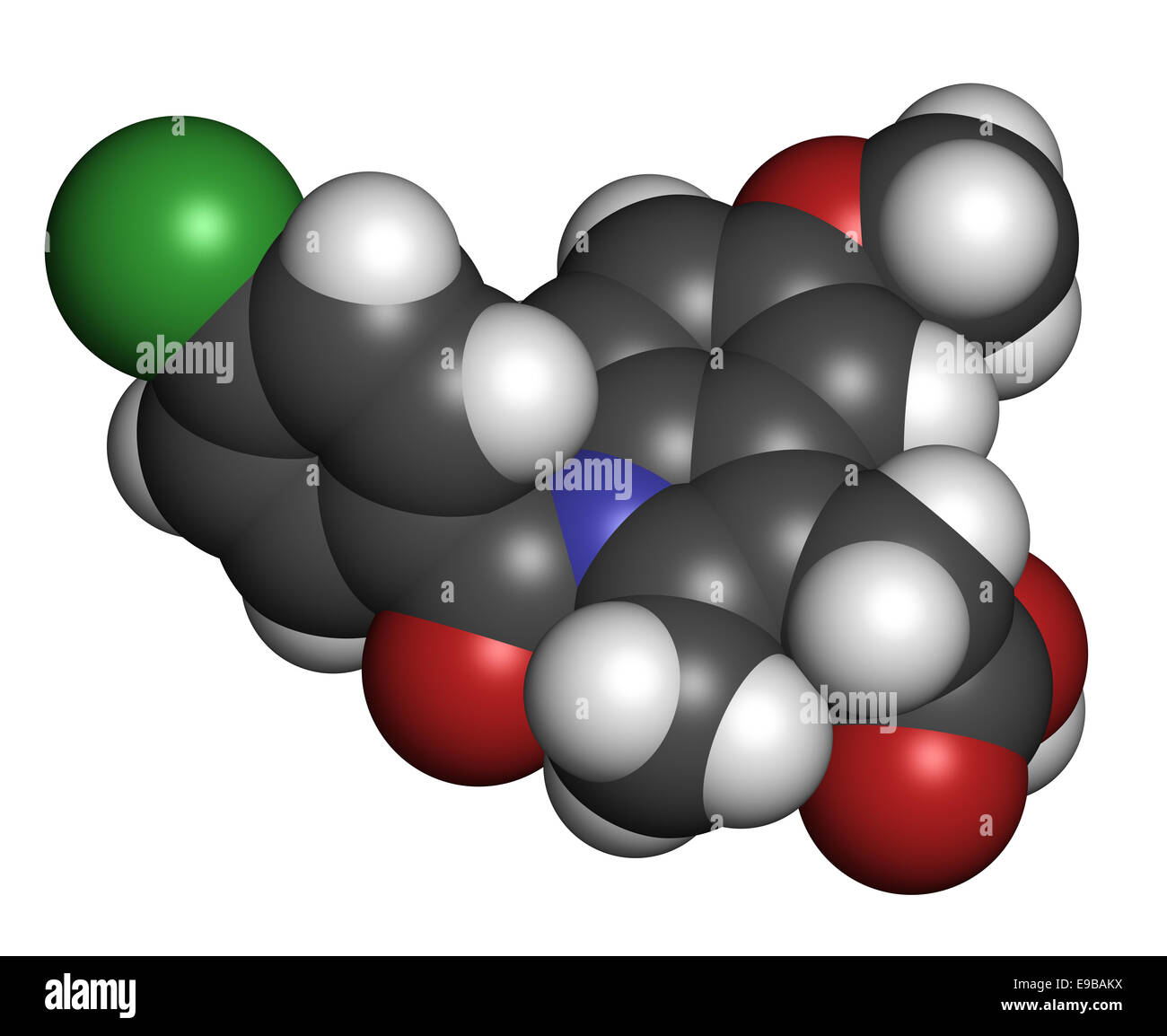 La indometacina (indcmetacina) farmaco antinfiammatorio non steroideo (FANS) molecola. Gli atomi sono rappresentati come sfere con conventi Foto Stock